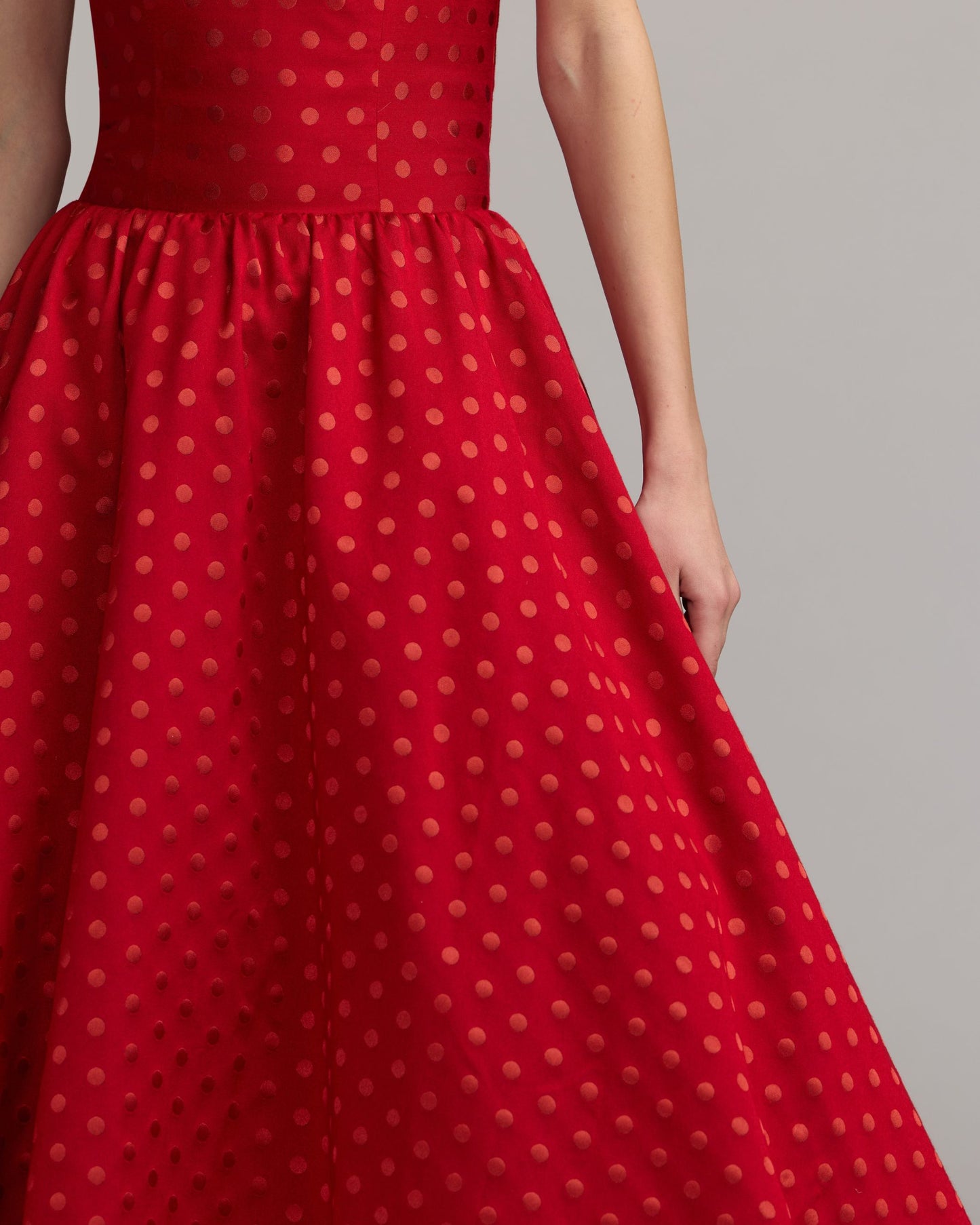 Red Strapless Polka Dot Brocade Midi Dress Ieena for Mac Duggal
