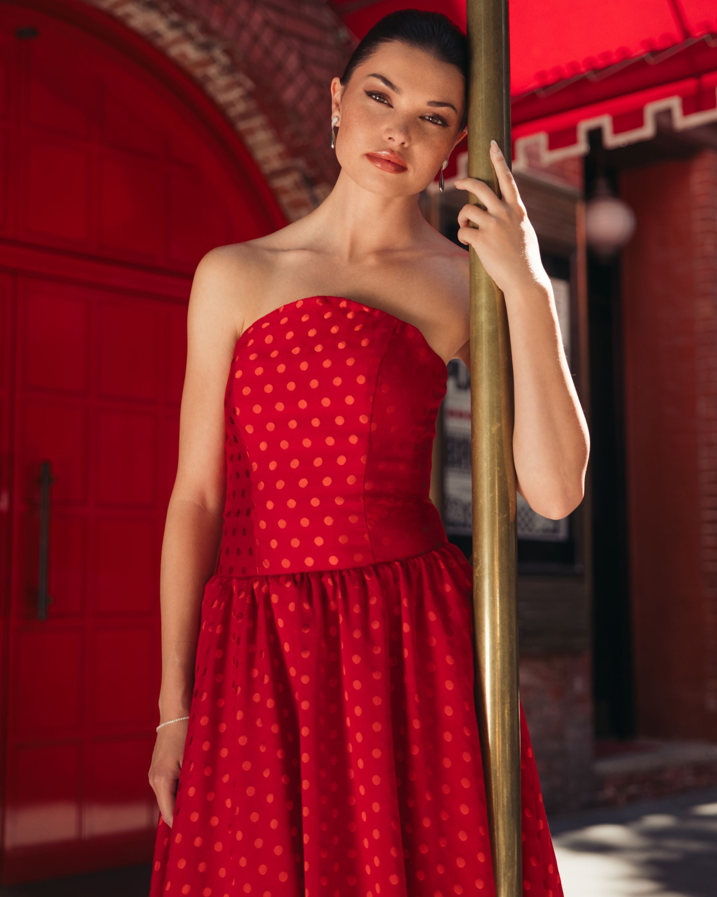 Red Strapless Polka Dot Brocade Midi Dress Ieena for Mac Duggal