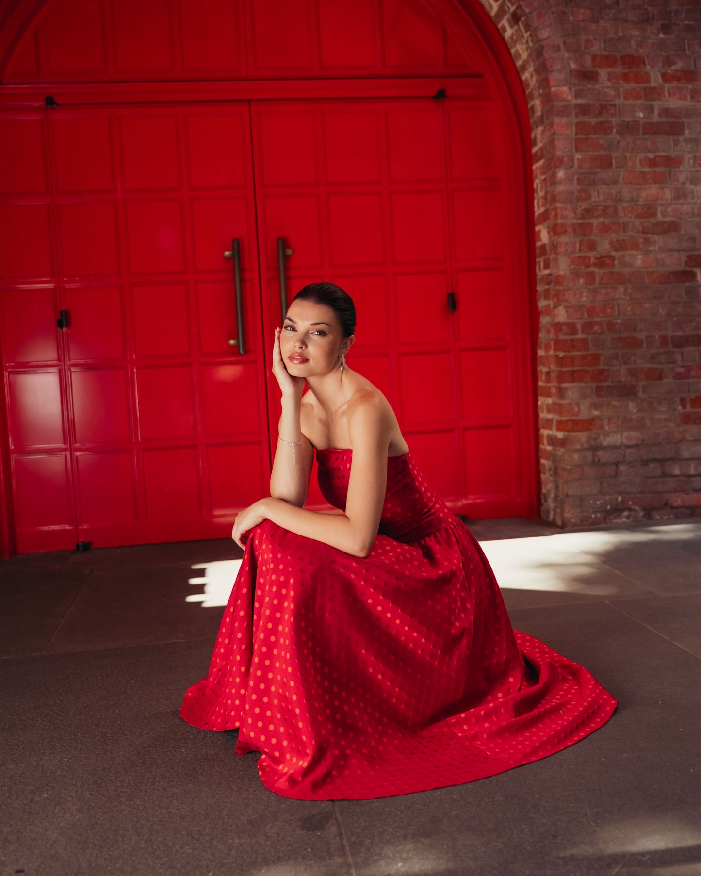 Red Strapless Polka Dot Brocade Midi Dress Ieena for Mac Duggal