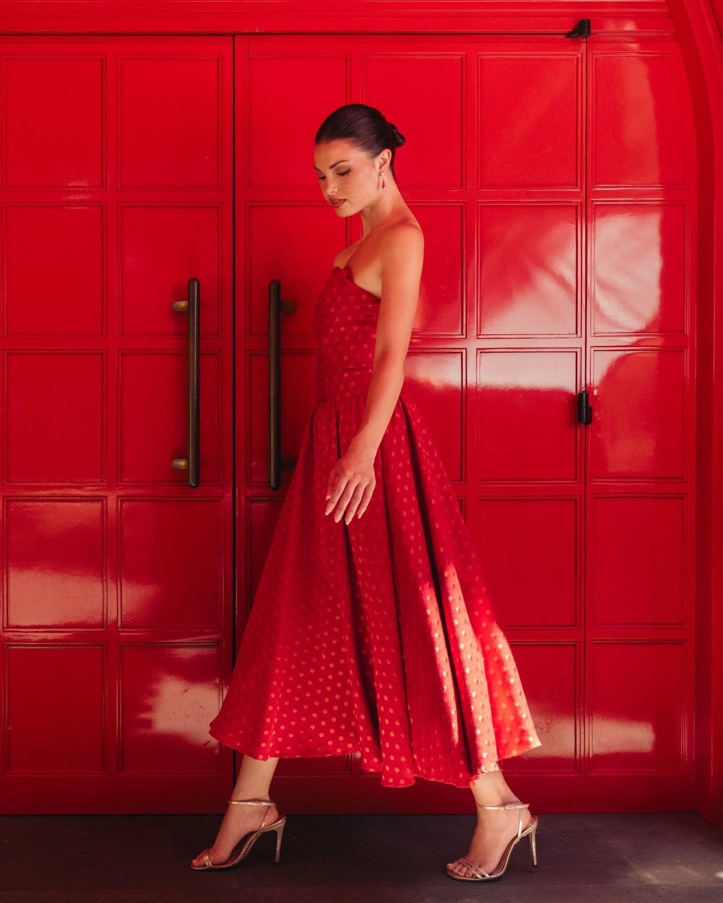 Red Strapless Polka Dot Brocade Midi Dress Ieena for Mac Duggal