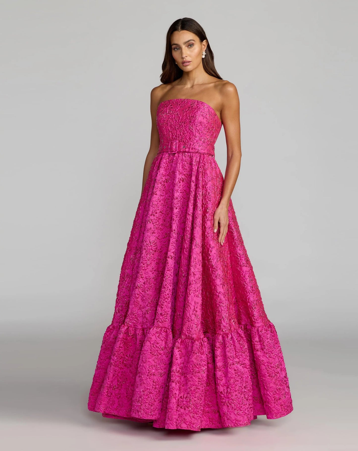 Pink Strapless Floral Brocade Ball Gown With Belt Ieena for Mac Duggal