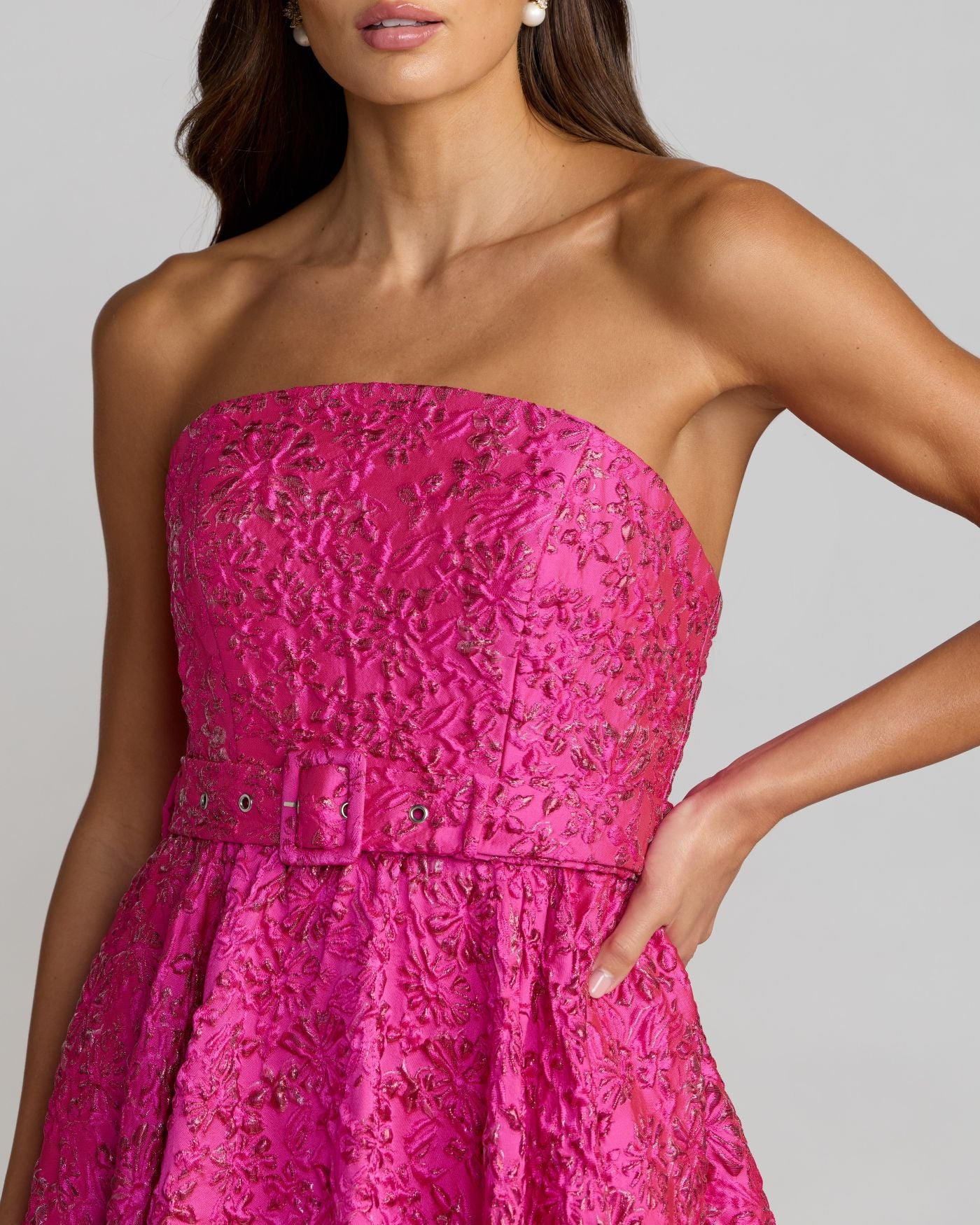 Pink Strapless Floral Brocade Ball Gown With Belt Ieena for Mac Duggal