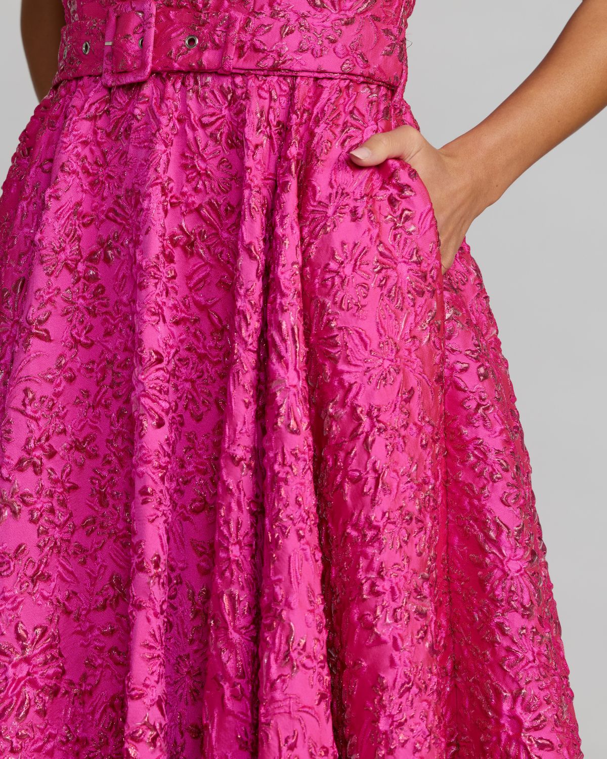 Pink Strapless Floral Brocade Ball Gown With Belt Ieena for Mac Duggal