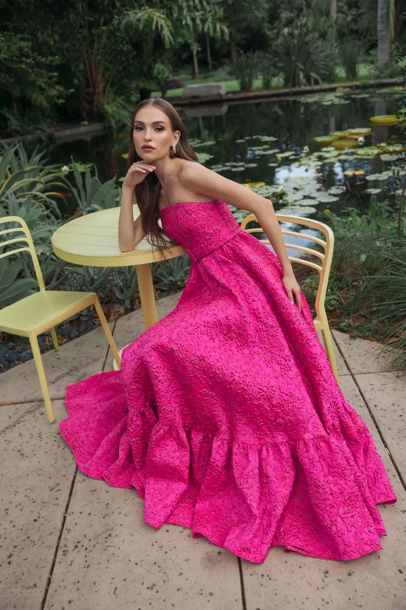 Pink Strapless Floral Brocade Ball Gown With Belt Ieena for Mac Duggal
