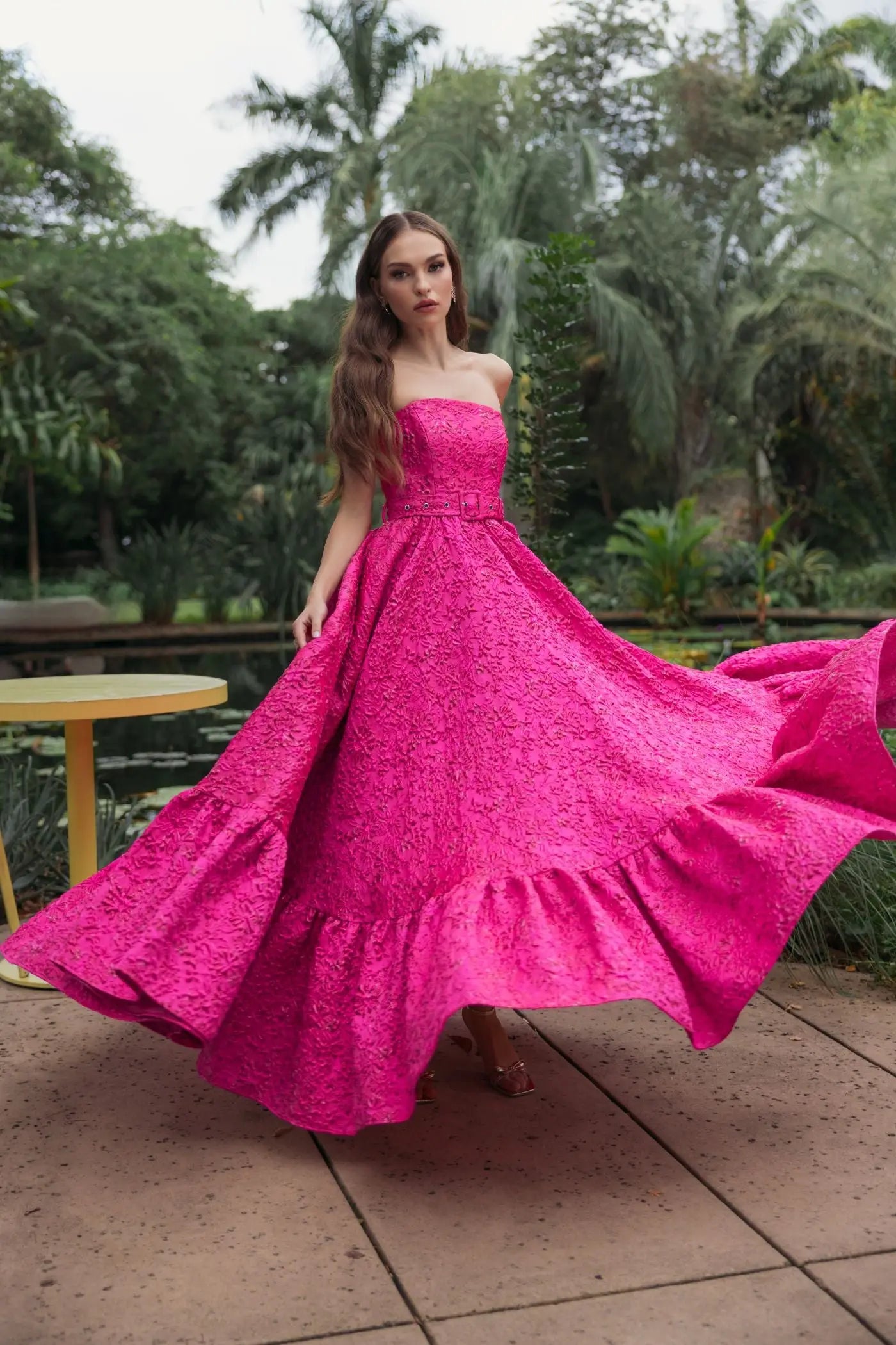 Pink Strapless Floral Brocade Ball Gown With Belt Ieena for Mac Duggal