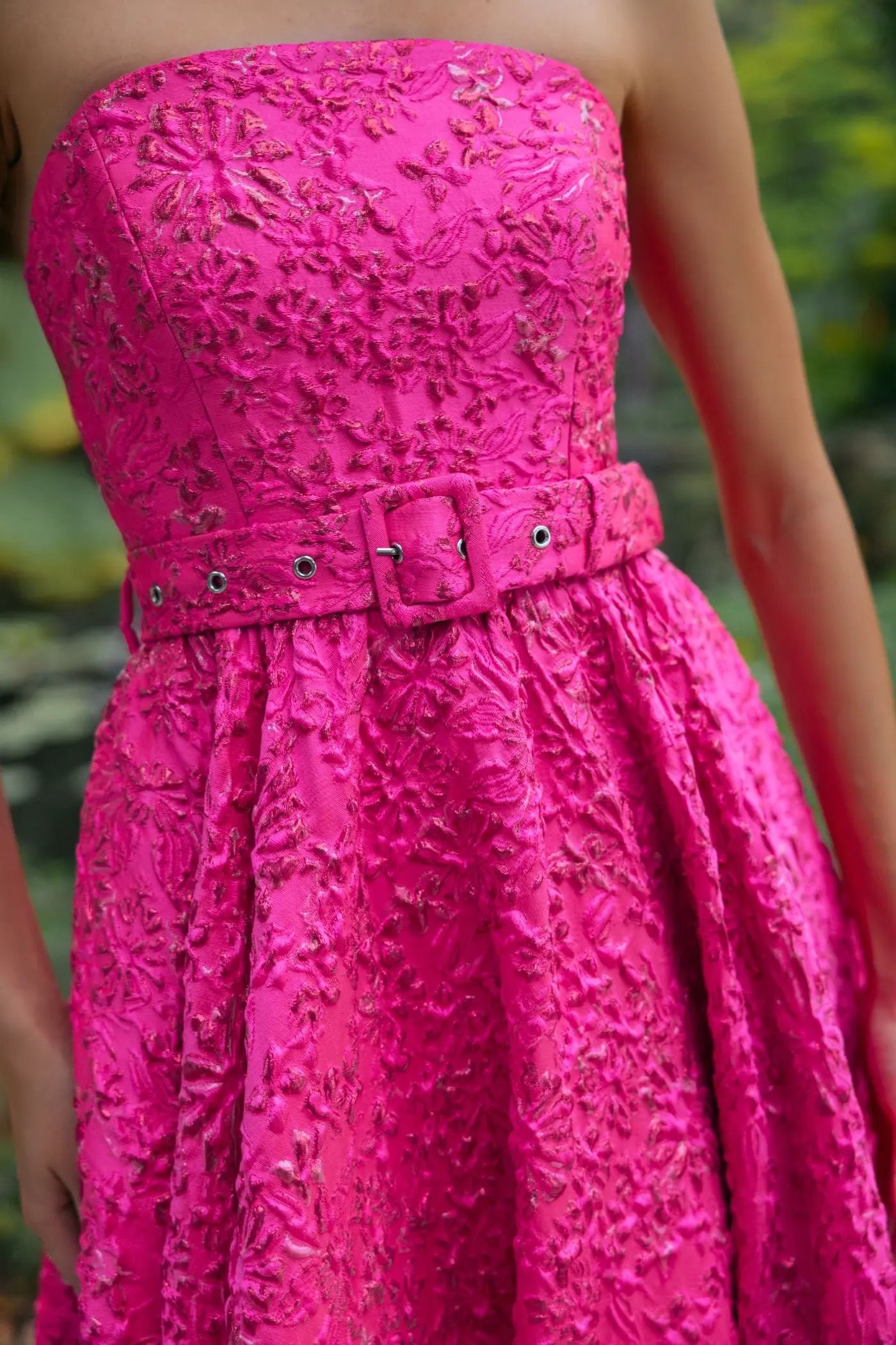 Pink Strapless Floral Brocade Ball Gown With Belt Ieena for Mac Duggal