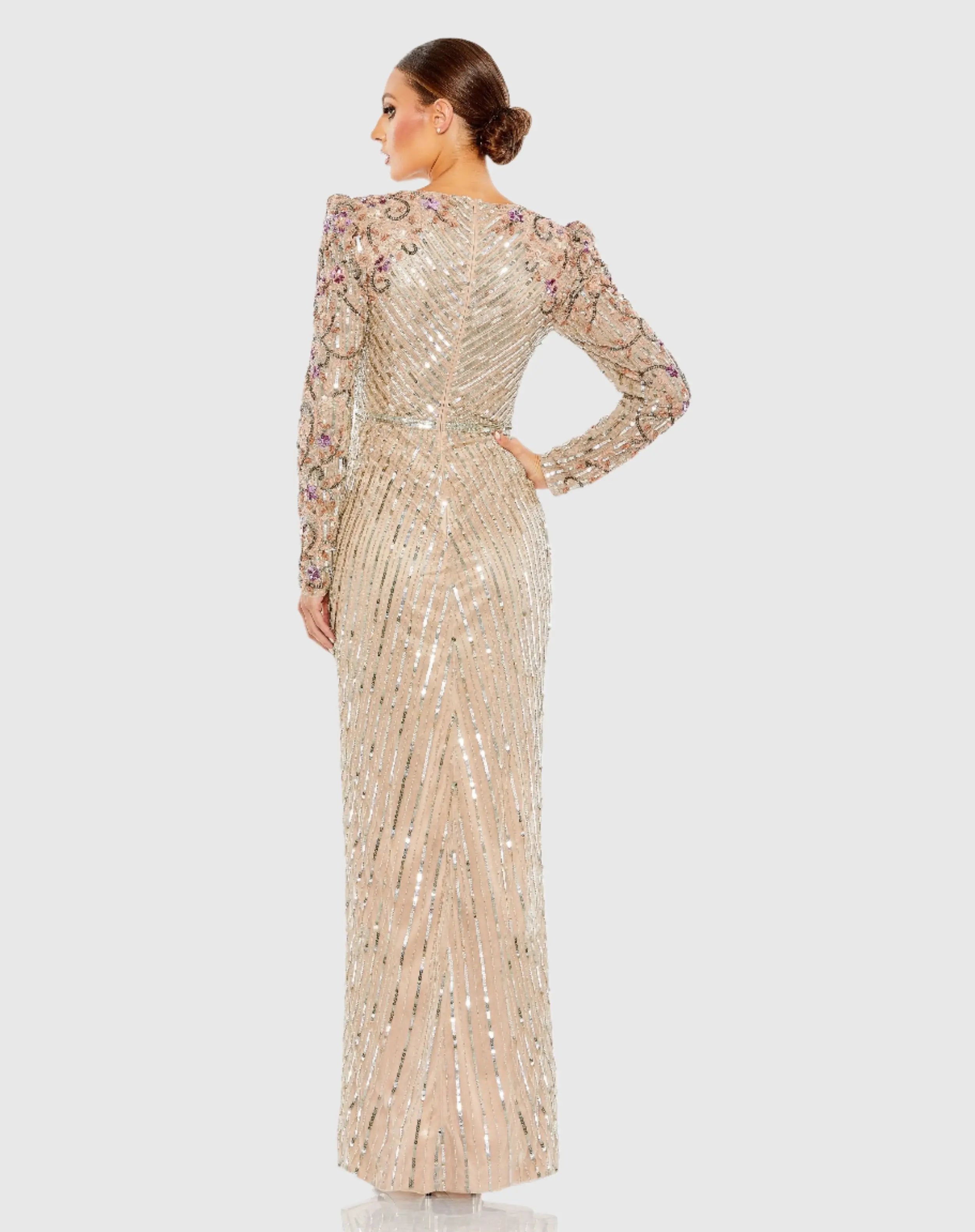 Beige Long Sleeve Embellished Puff Sleeve Faux Wrap Gown - Mac Duggal