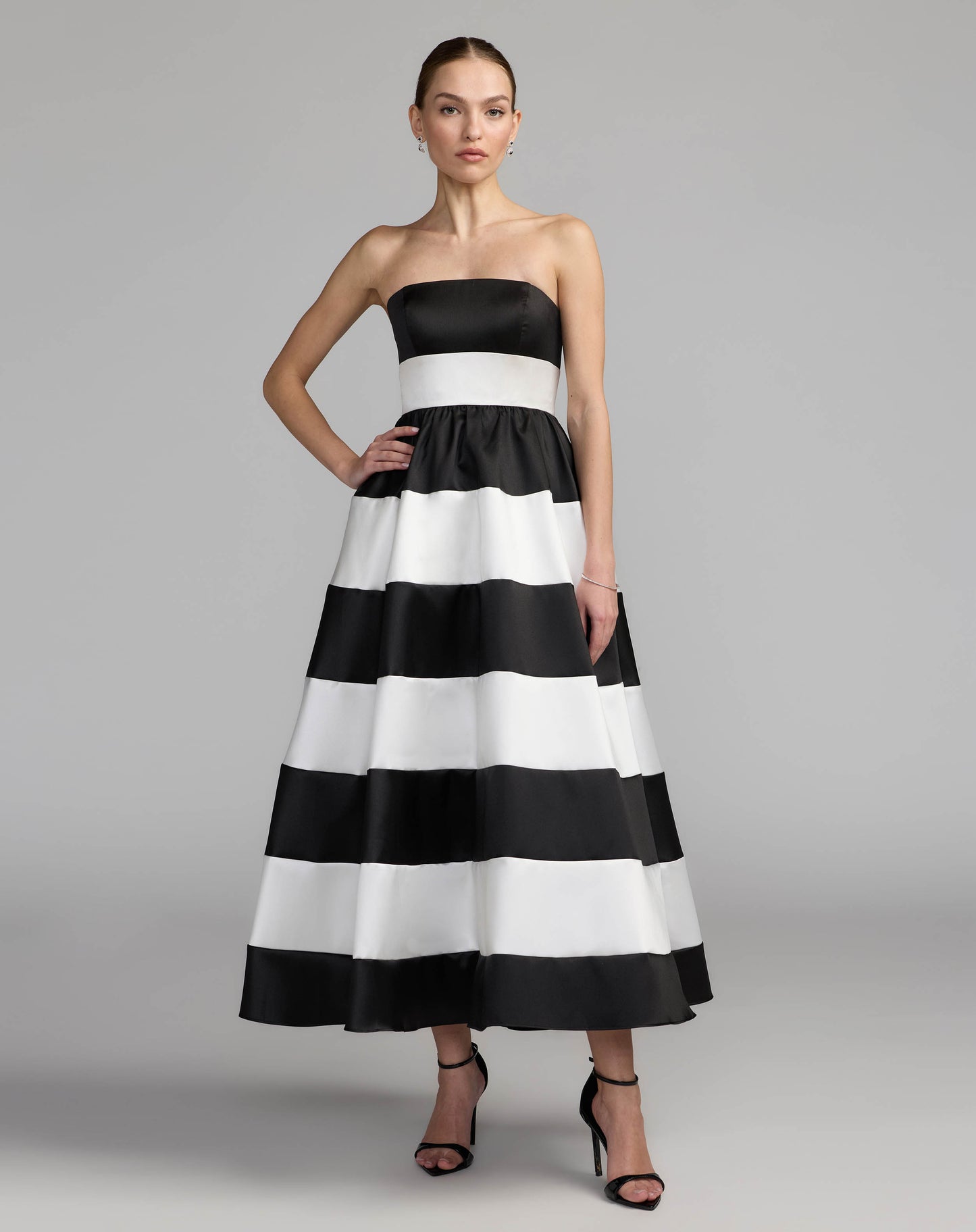 Black and White Striped Strapless Mikado Midi Dress