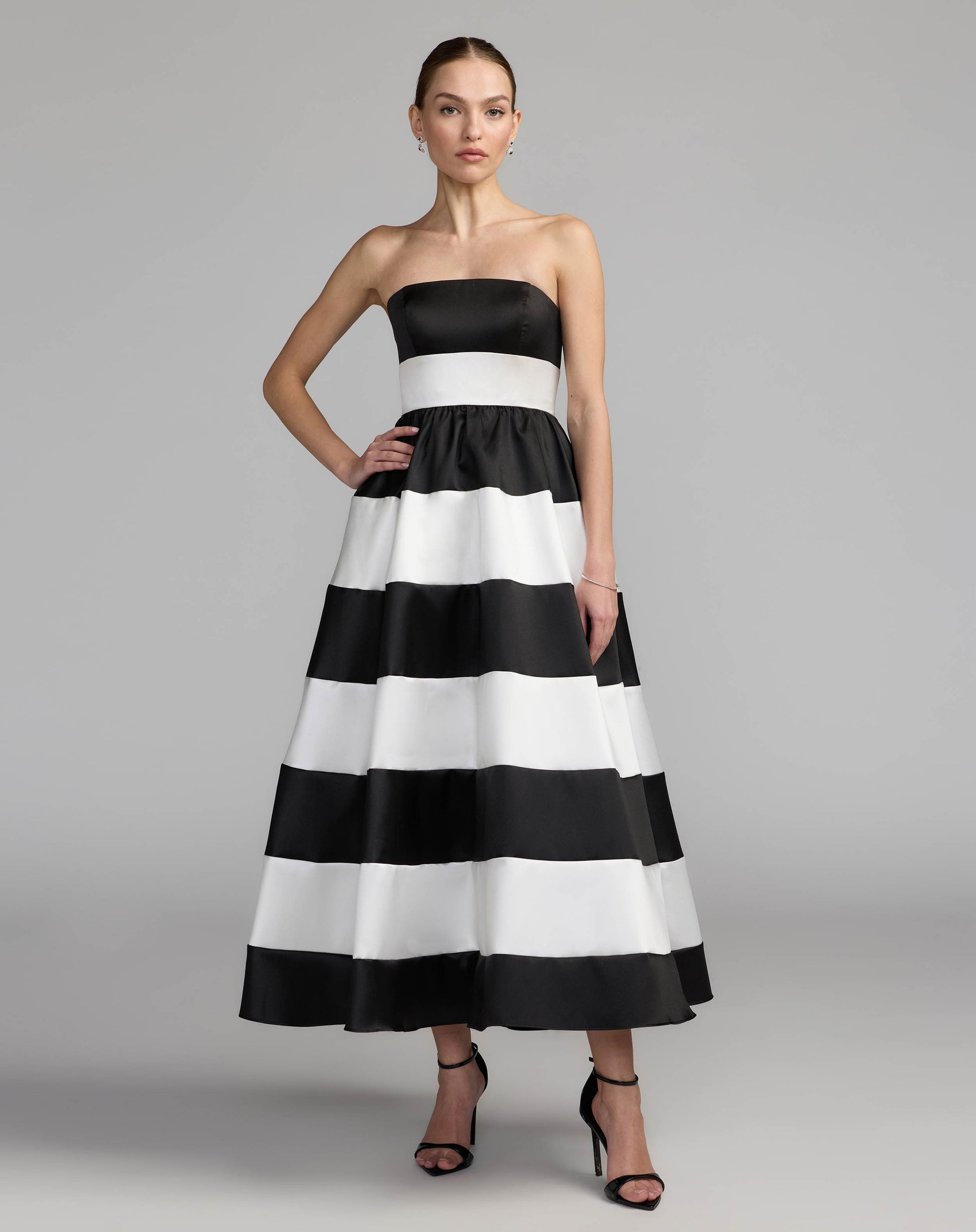 Black Ivory Striped Strapless Mikado Midi Dress Ieena for Mac Duggal