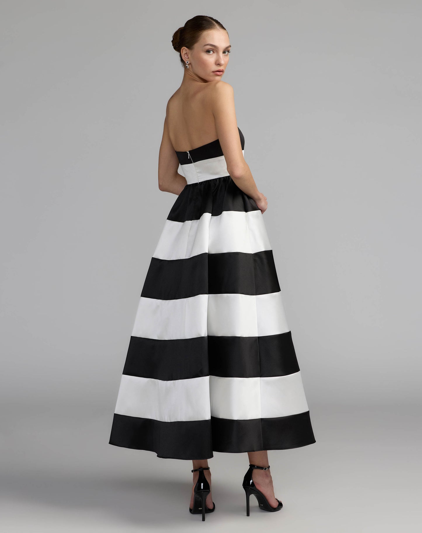 Black Ivory Striped Strapless Mikado Midi Dress Ieena for Mac Duggal