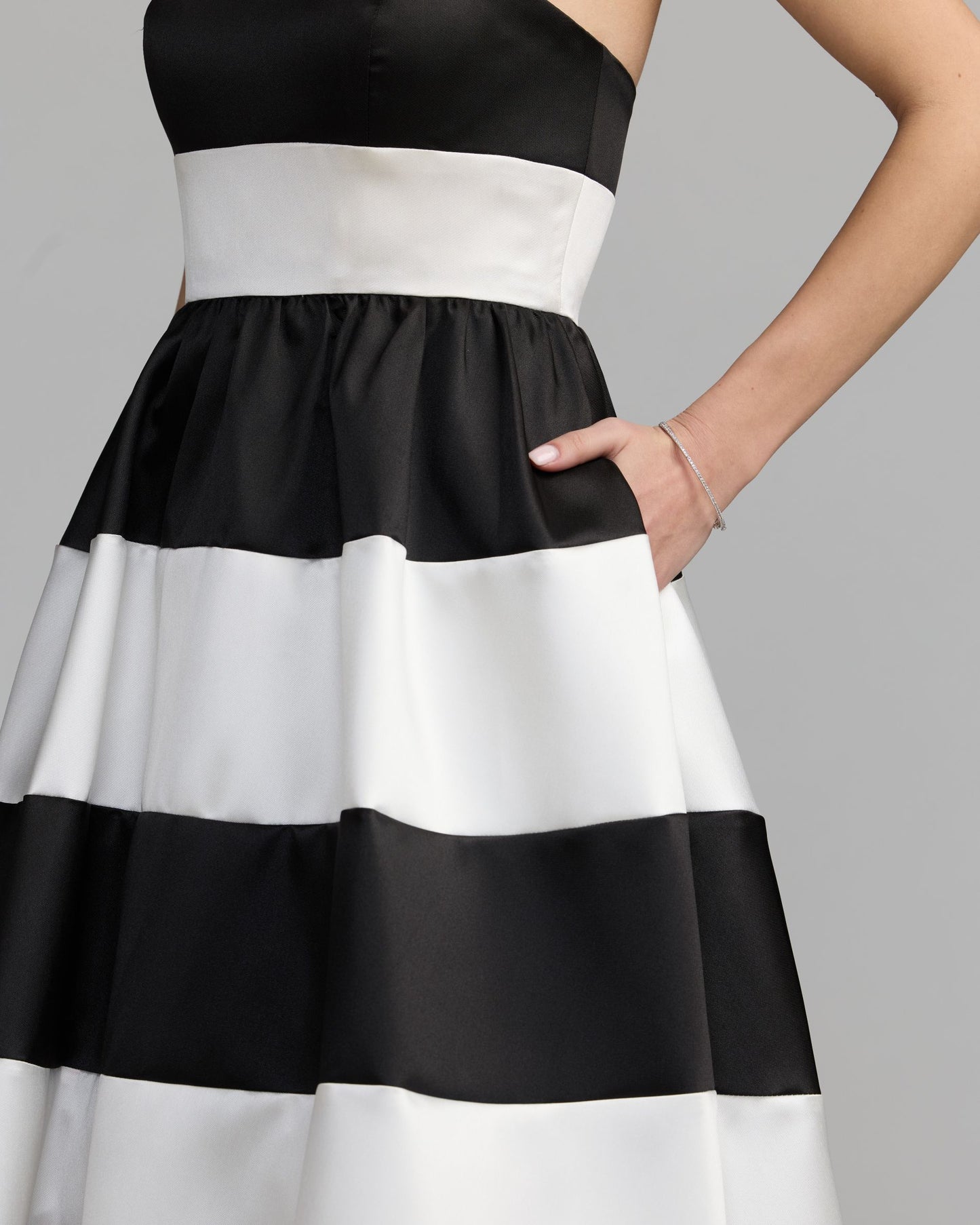 Black Ivory Striped Strapless Mikado Midi Dress Ieena for Mac Duggal