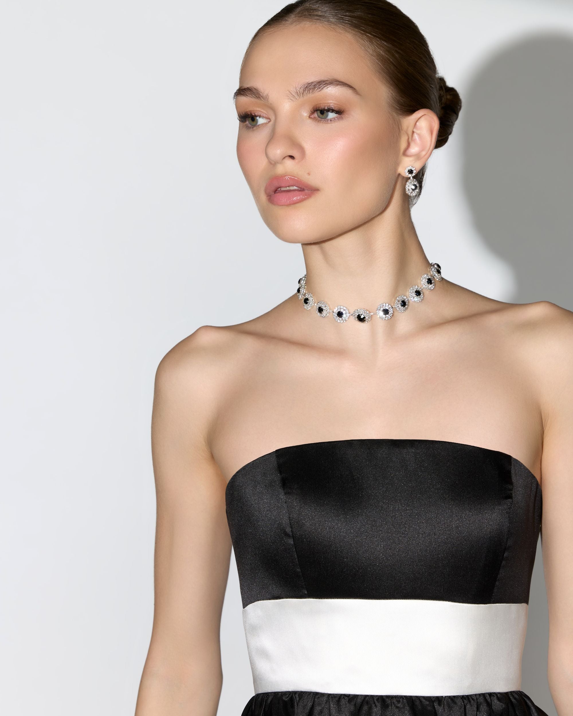Black and White Striped Strapless Mikado Midi Dress