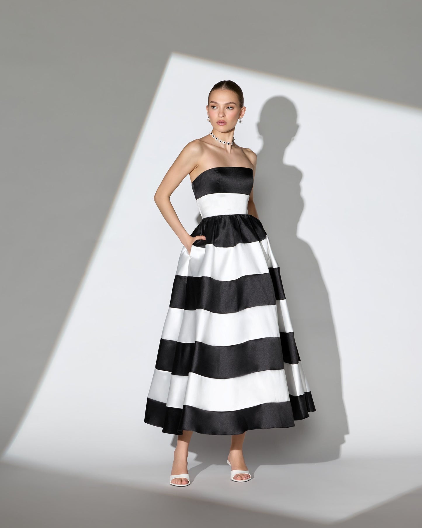 black and white striped strapless dress Black Ivory Striped Strapless Mikado Midi Dress
