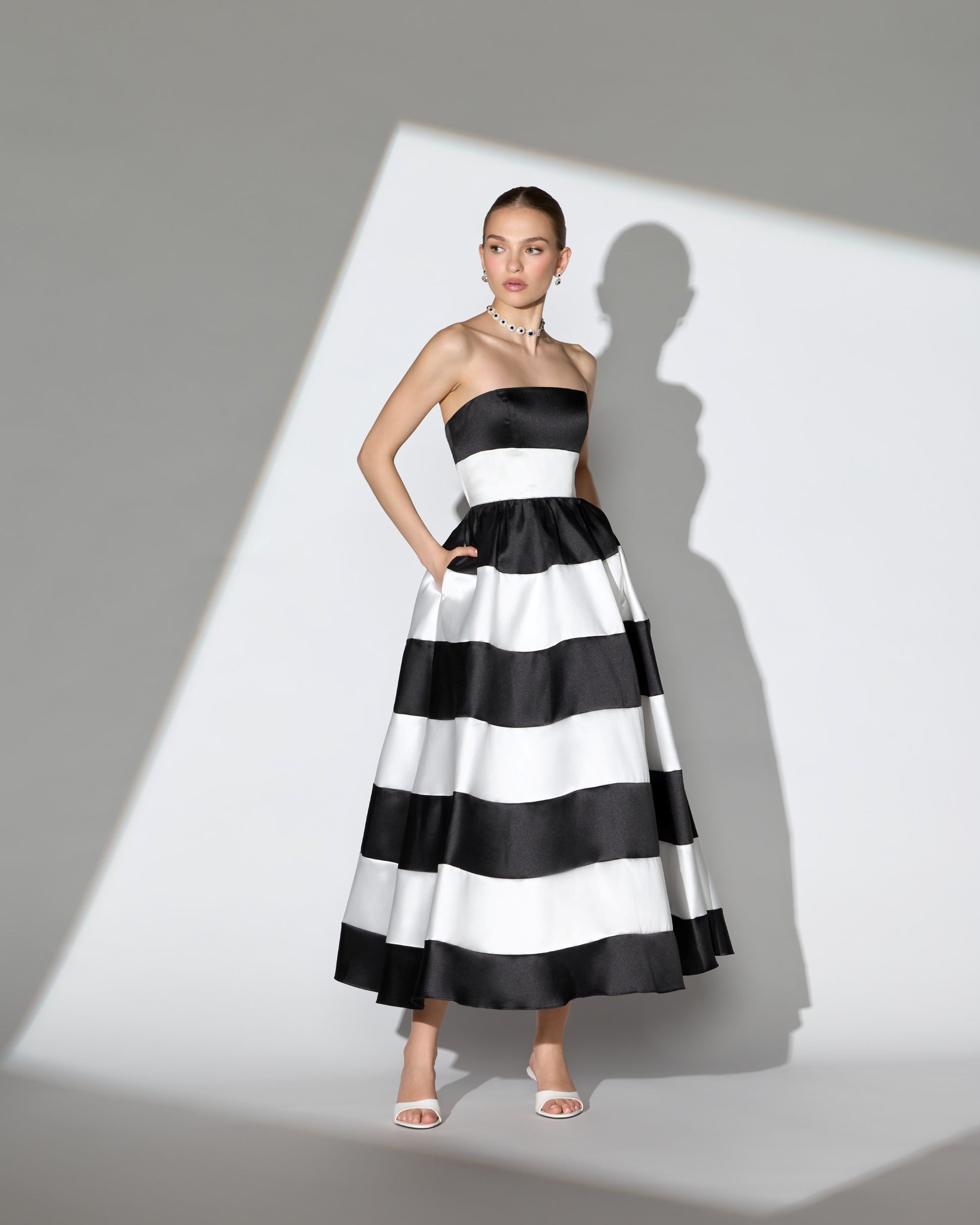 black white striped strapless dress Black Ivory Striped Strapless Mikado Midi Dress