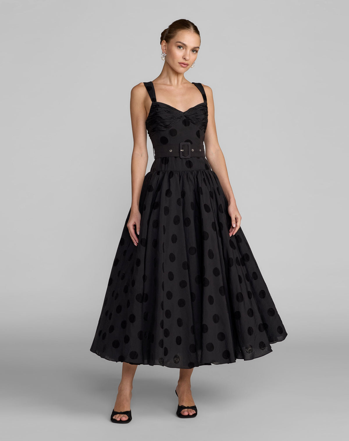 Black Polka Dot Belted Midi Dress Ieena for Mac Duggal