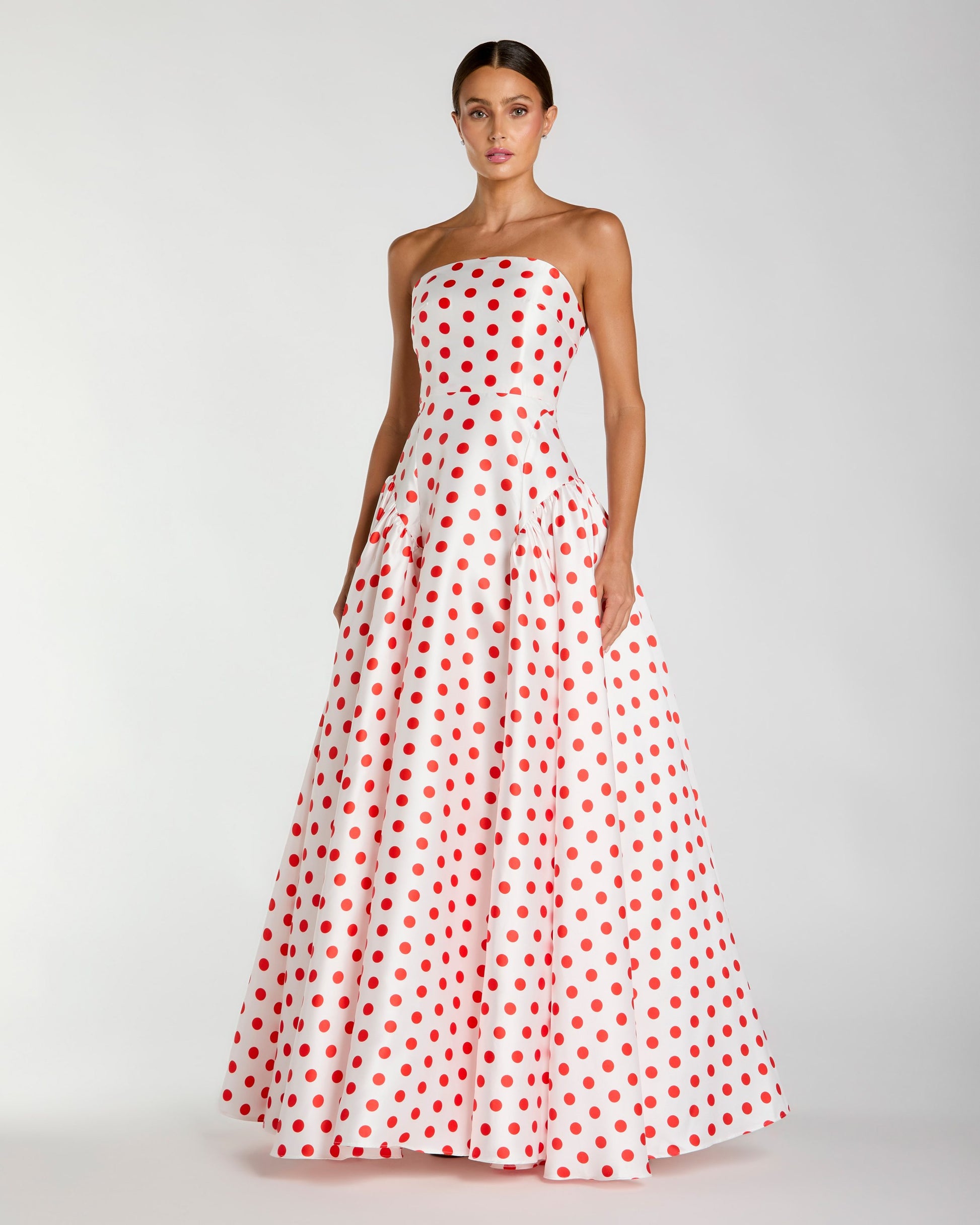 White Strapless Polka Dot Mikado Ball Gown Ieena for Mac Duggal