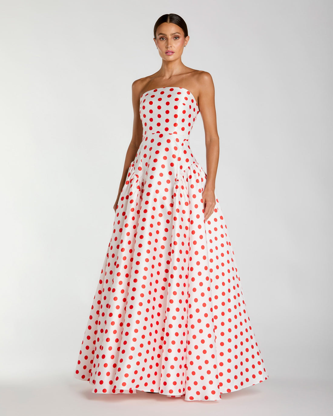 White Strapless Polka Dot Mikado Ball Gown Ieena for Mac Duggal