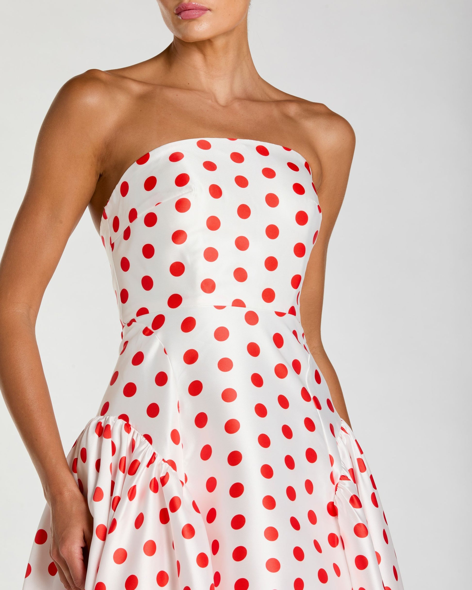 White Strapless Polka Dot Mikado Ball Gown Ieena for Mac Duggal