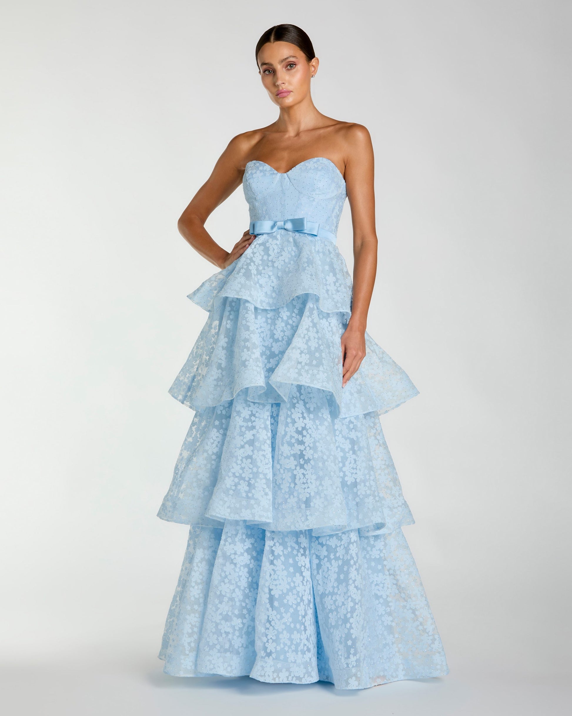 Blue Strapless Floral Organza Tiered Gown with Bow Ieena for Mac Duggal