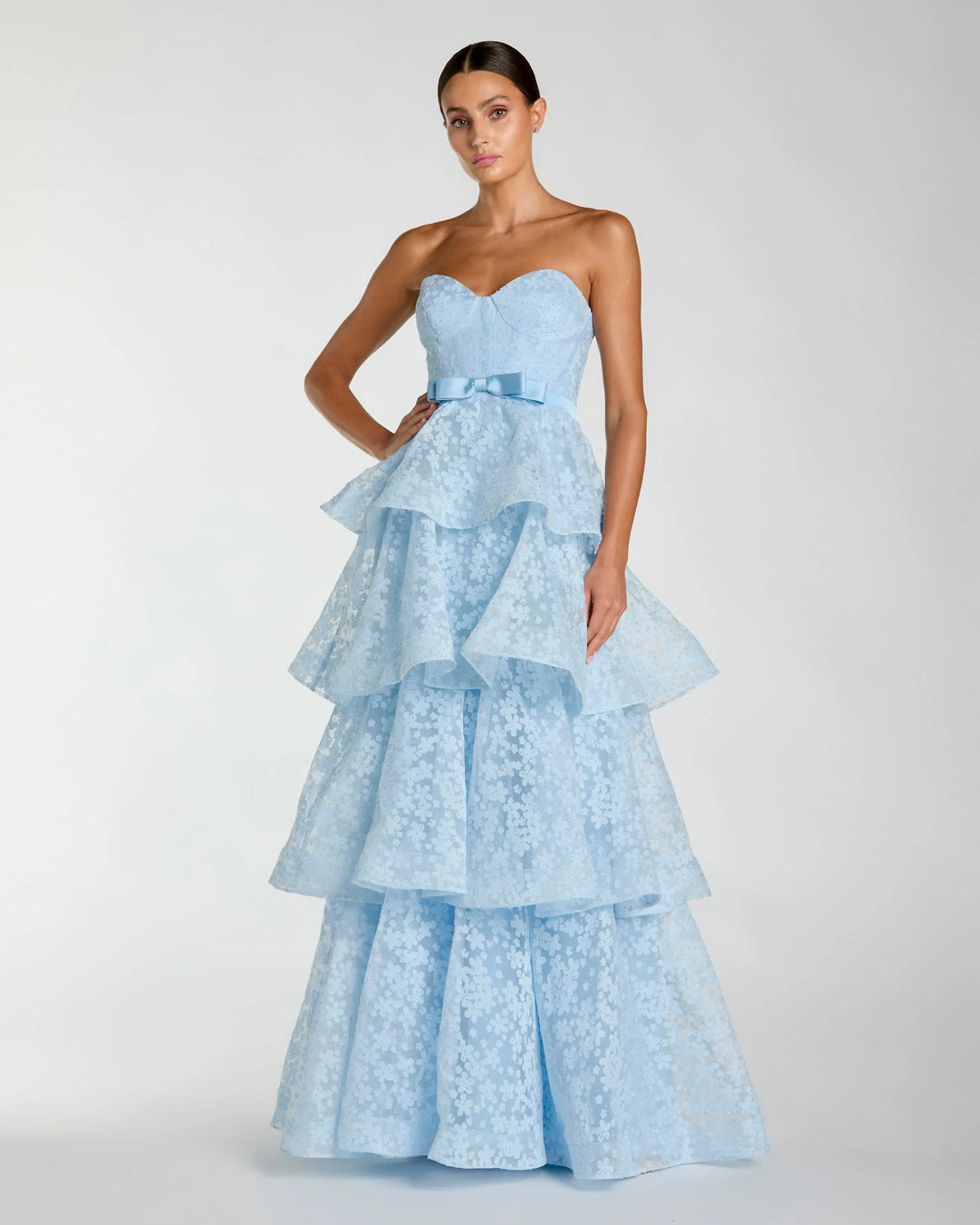 Blue Strapless Floral Organza Tiered Gown with Bow