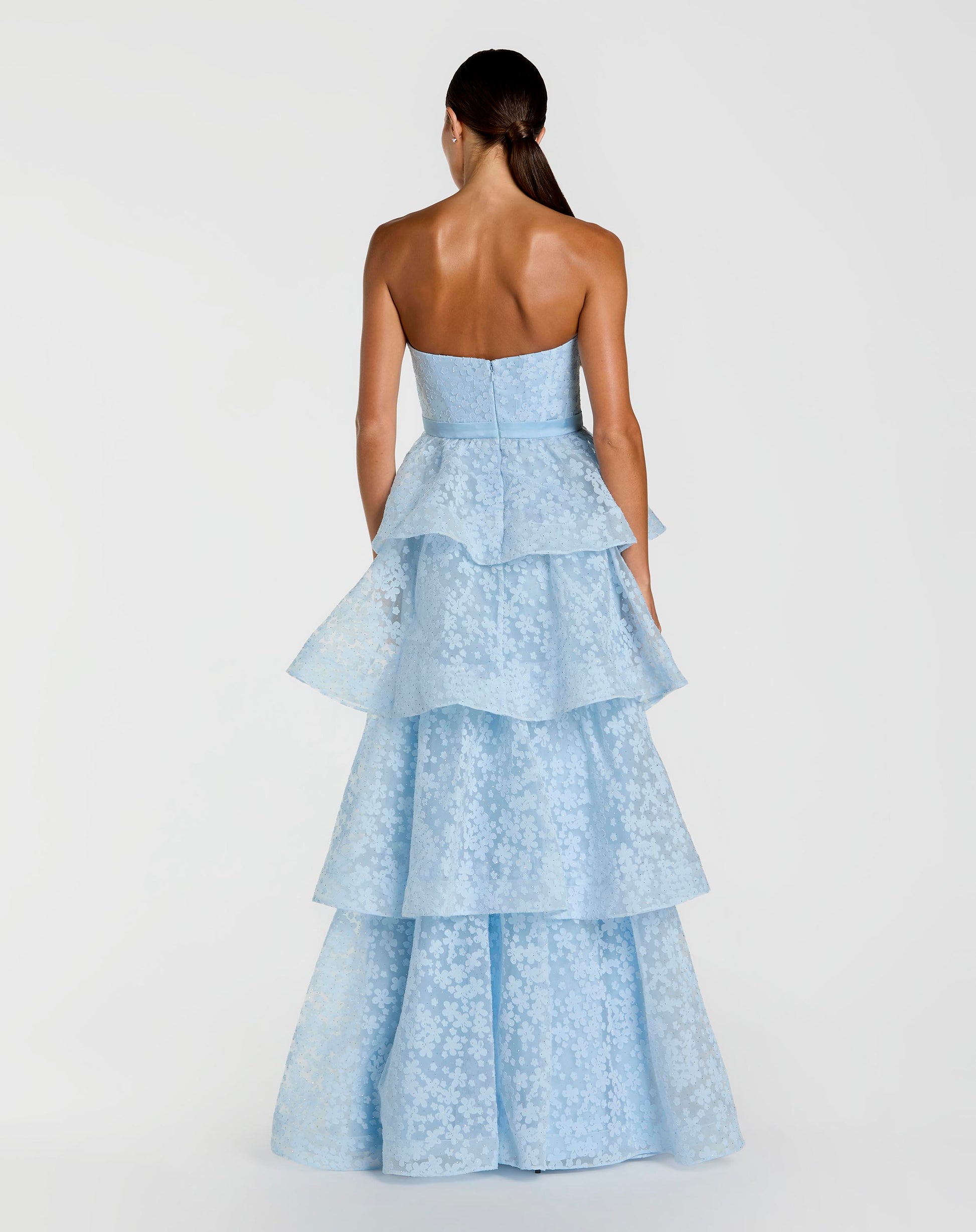 Blue Strapless Floral Organza Tiered Gown with Bow Ieena for Mac Duggal