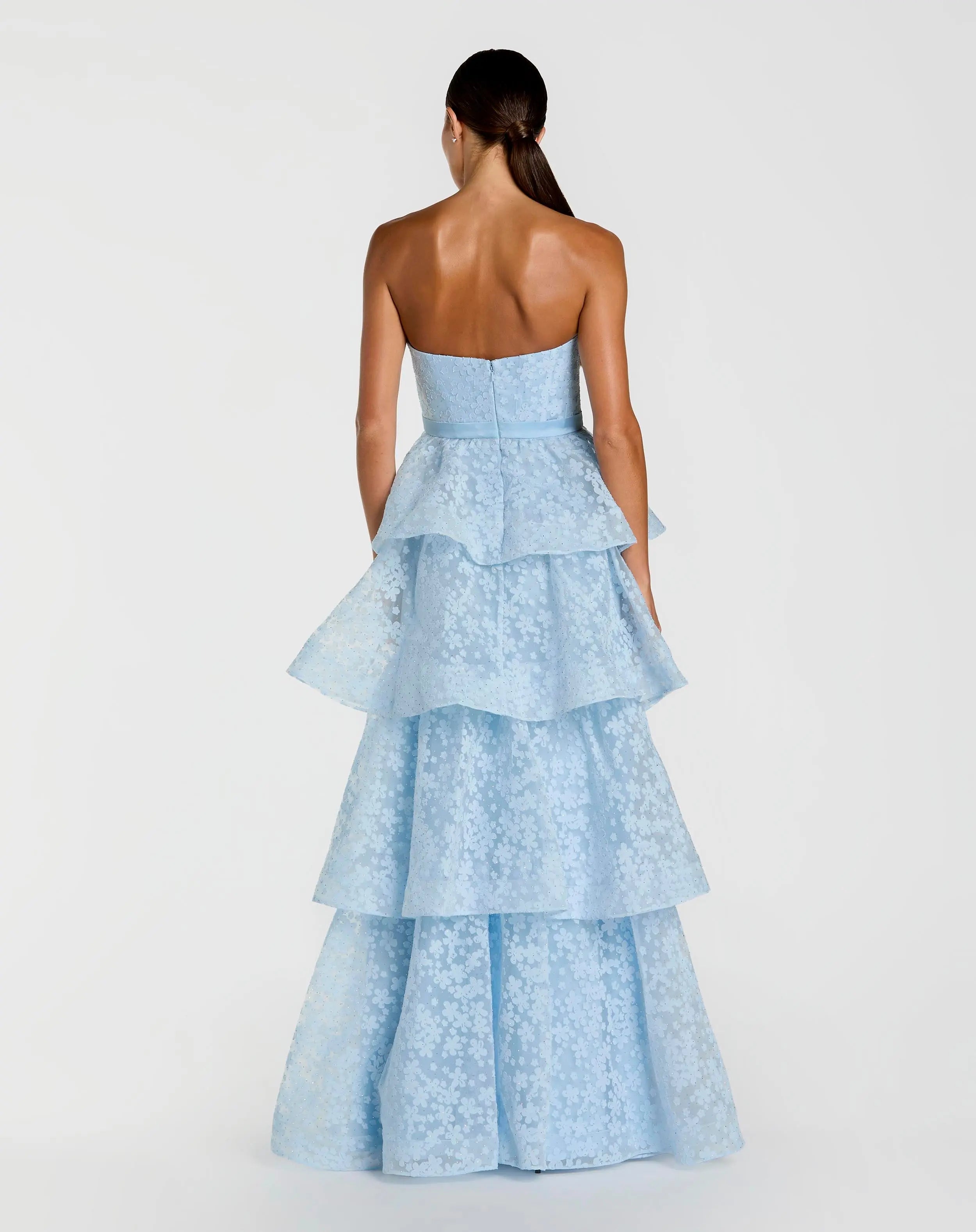 Blue Strapless Floral Organza Tiered Gown with Bow Ieena for Mac Duggal