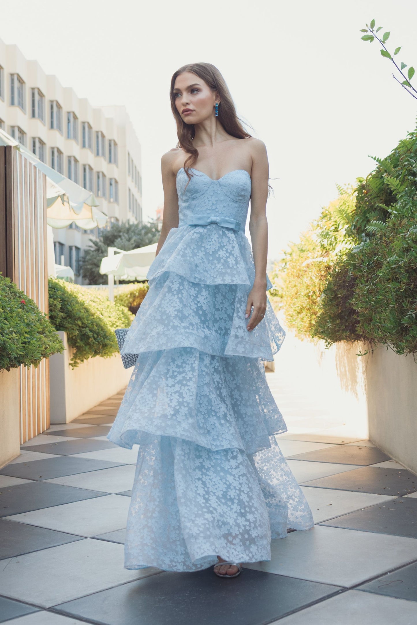 Blue Strapless Floral Organza Tiered Gown with Bow Ieena for Mac Duggal