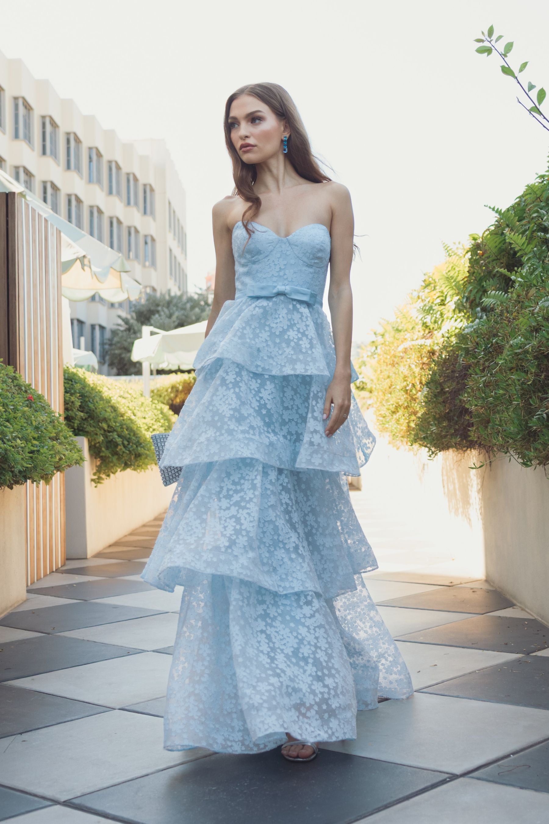 Blue Strapless Floral Organza Tiered Gown with Bow Ieena for Mac Duggal