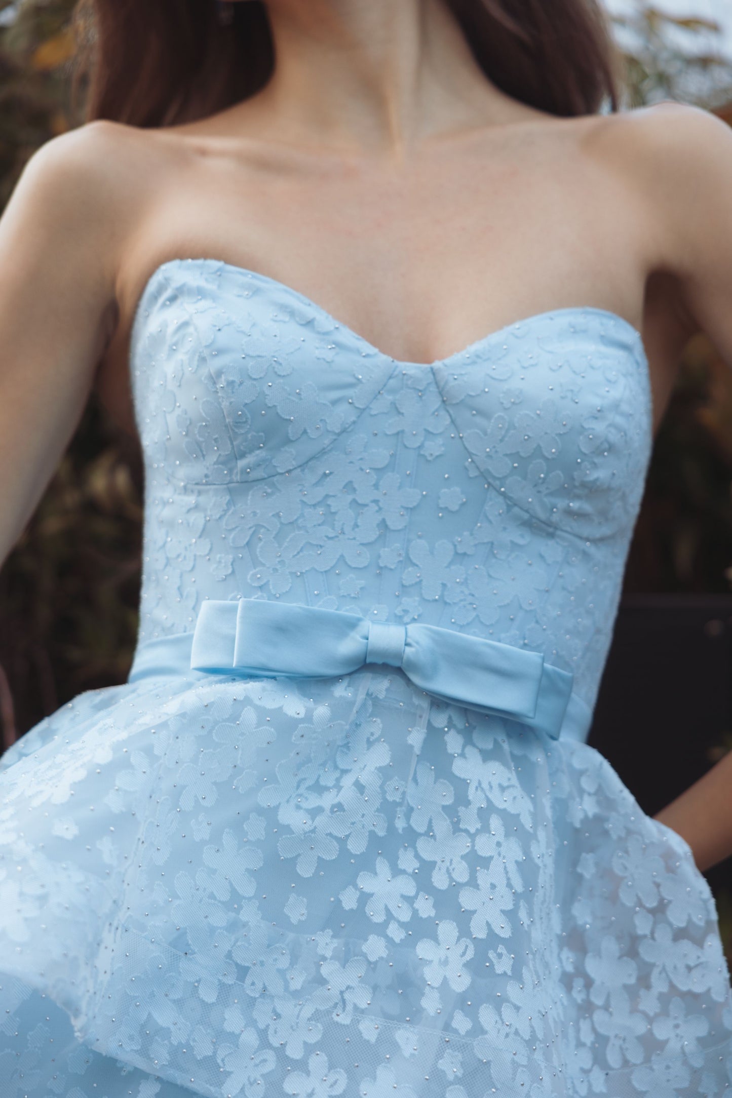 Blue Strapless Floral Organza Tiered Gown with Bow Ieena for Mac Duggal
