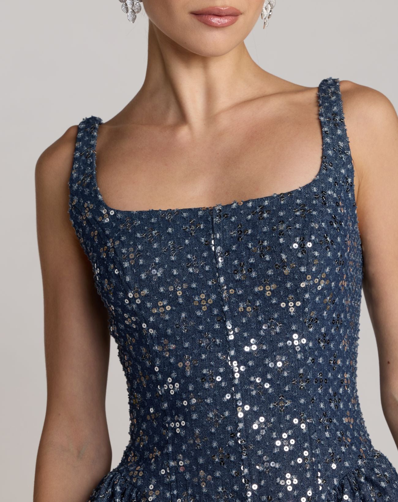 Blue Sleeveless Sequin Denim Mini Dress - Ieena for Mac Duggal