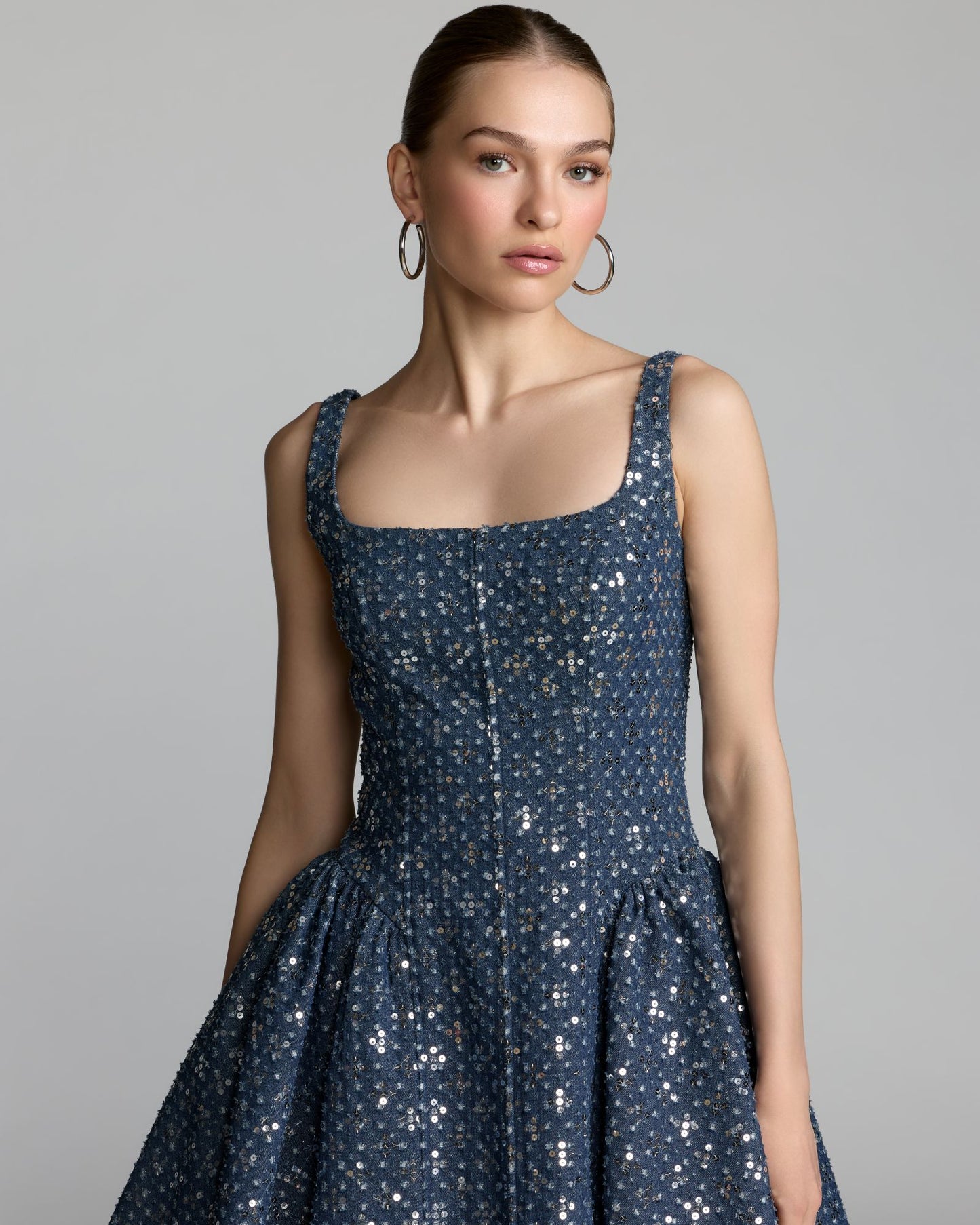 Blue Sleeveless Sequin Denim Mini Dress - Ieena for Mac Duggal