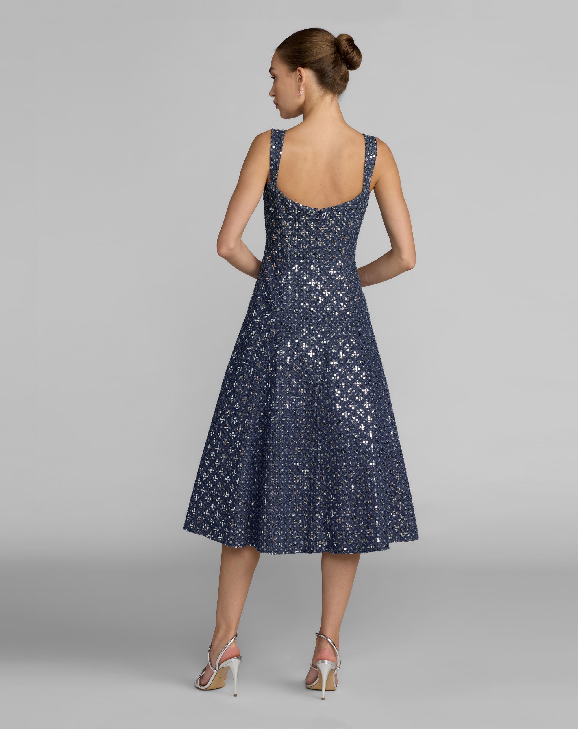 Blue Sleeveless Sequin Denim Midi Dress - Mac Duggal
