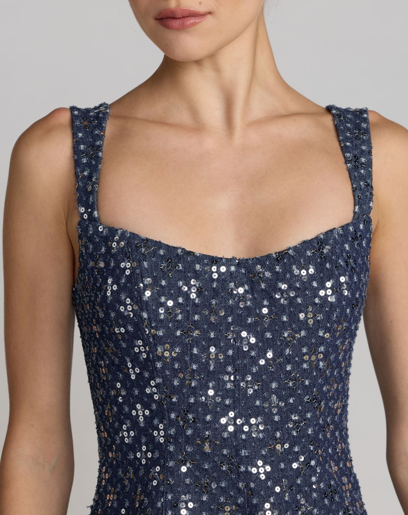 Blue Sleeveless Sequin Denim Midi Dress - Mac Duggal