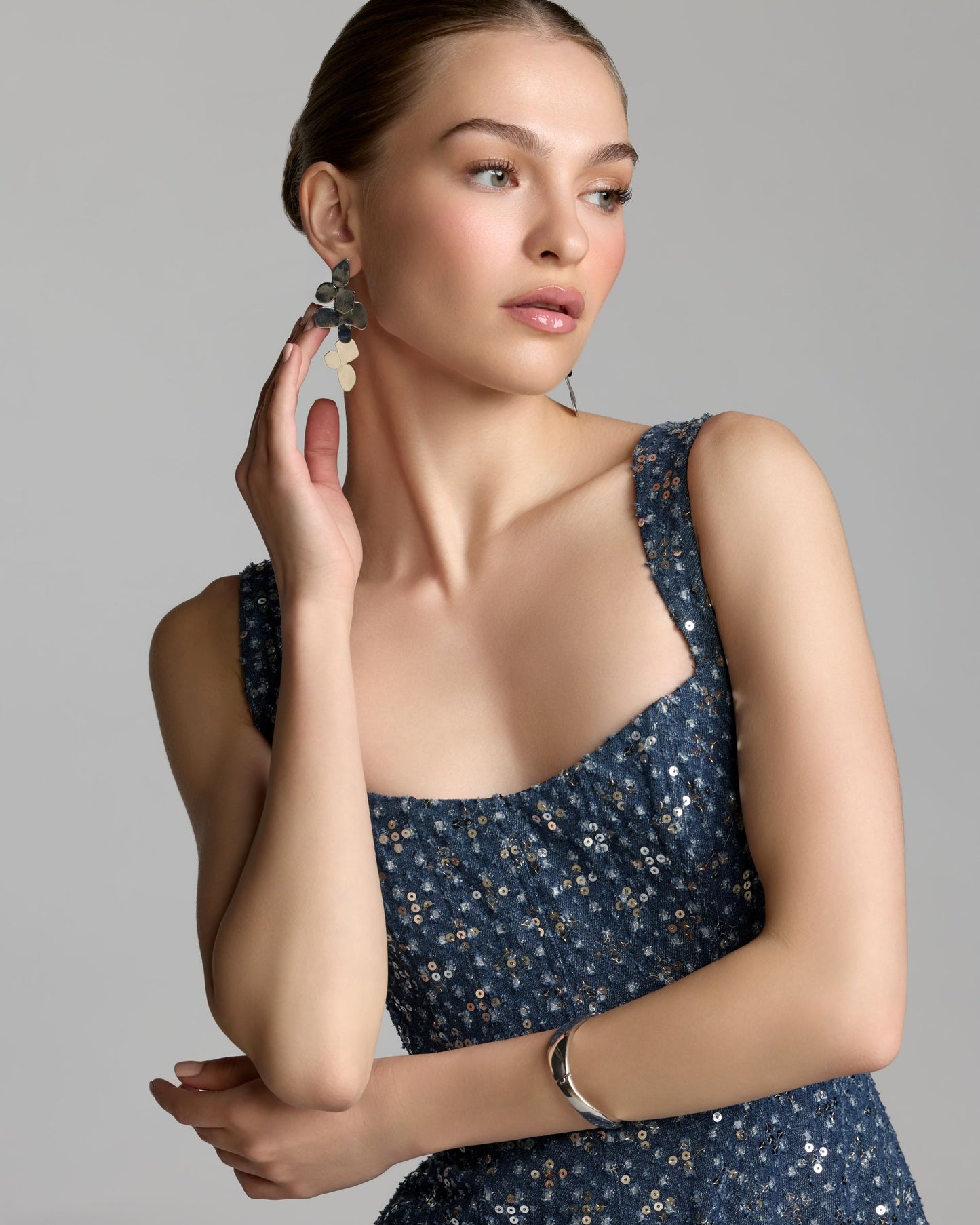 Blue Sleeveless Sequin Denim Midi Dress - Mac Duggal