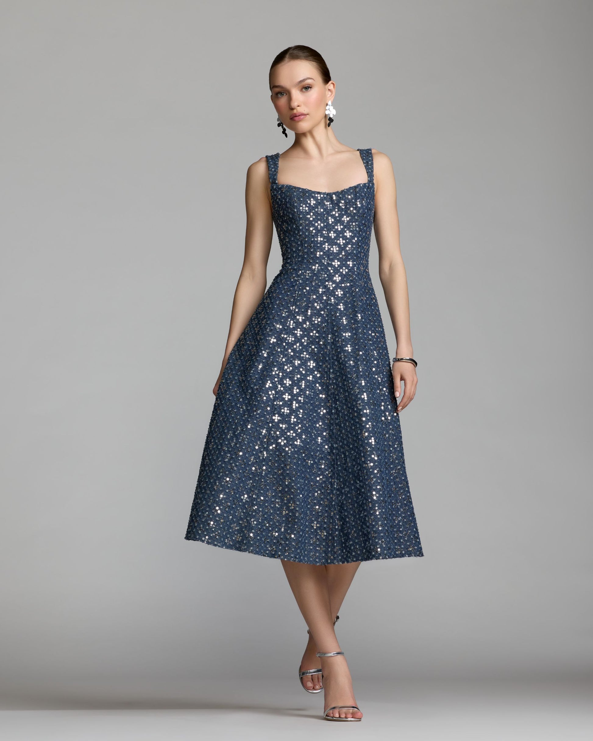 Blue Sleeveless Sequin Denim Midi Dress - Mac Duggal