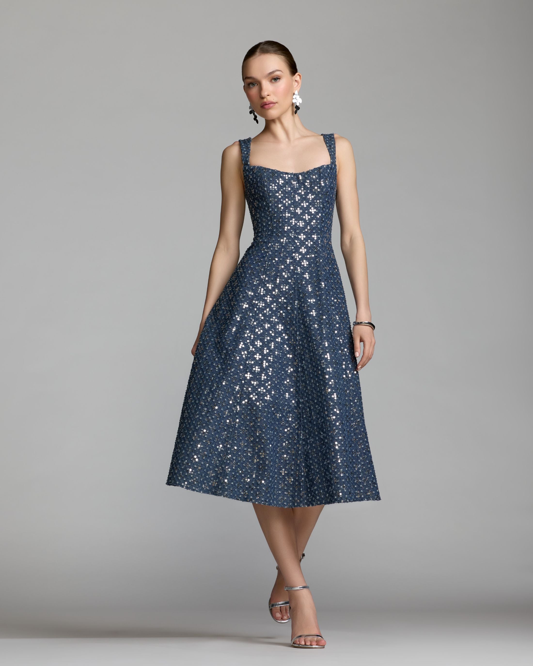 Blue Sleeveless Sequin Denim Midi Dress - Mac Duggal