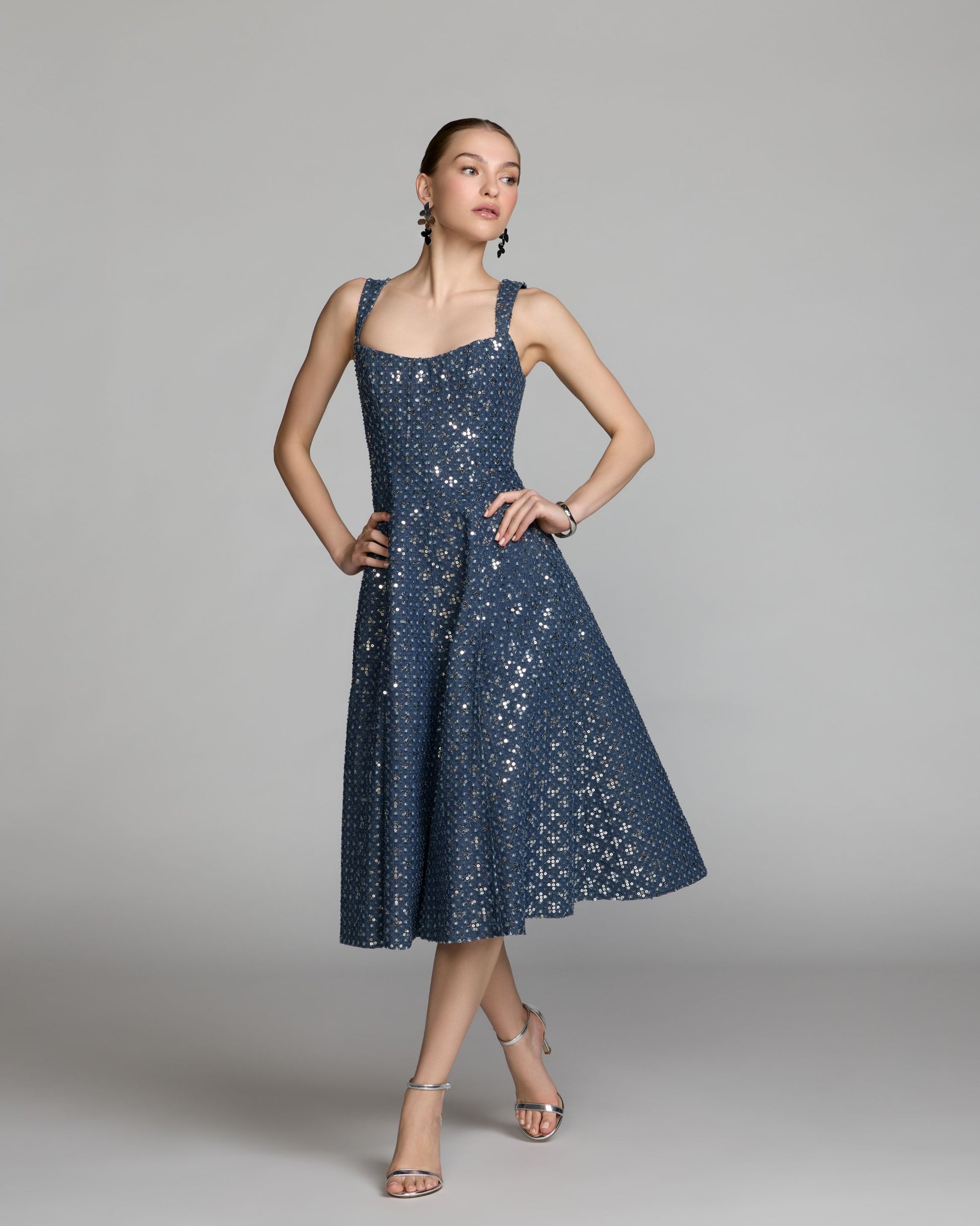 Blue Sleeveless Sequin Denim Midi Dress - Mac Duggal