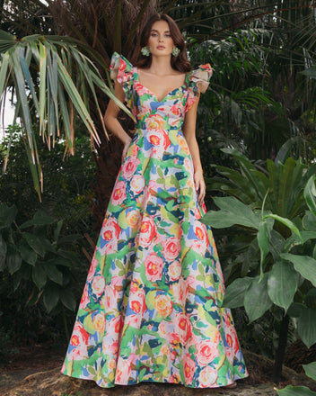V-Neck Low Cut Back Floral Embroidered A-Line Dress - Mac Duggal V-Neck Low Cut Back Floral Embroidered A-Line Dress - Mac Duggal