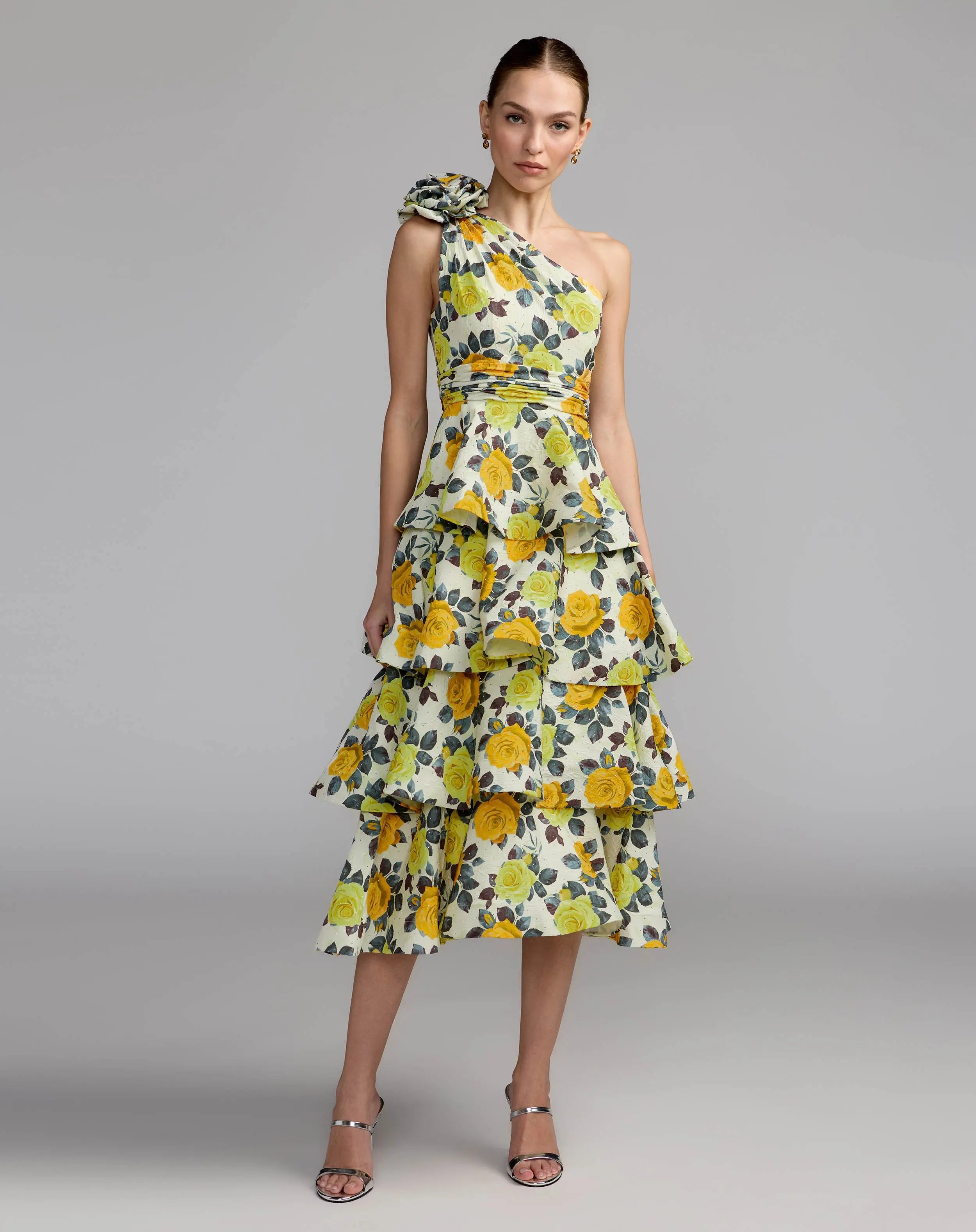 Yellow One Yellow One Shoulder Floral Tiered Midi Dress | Mac Duggal