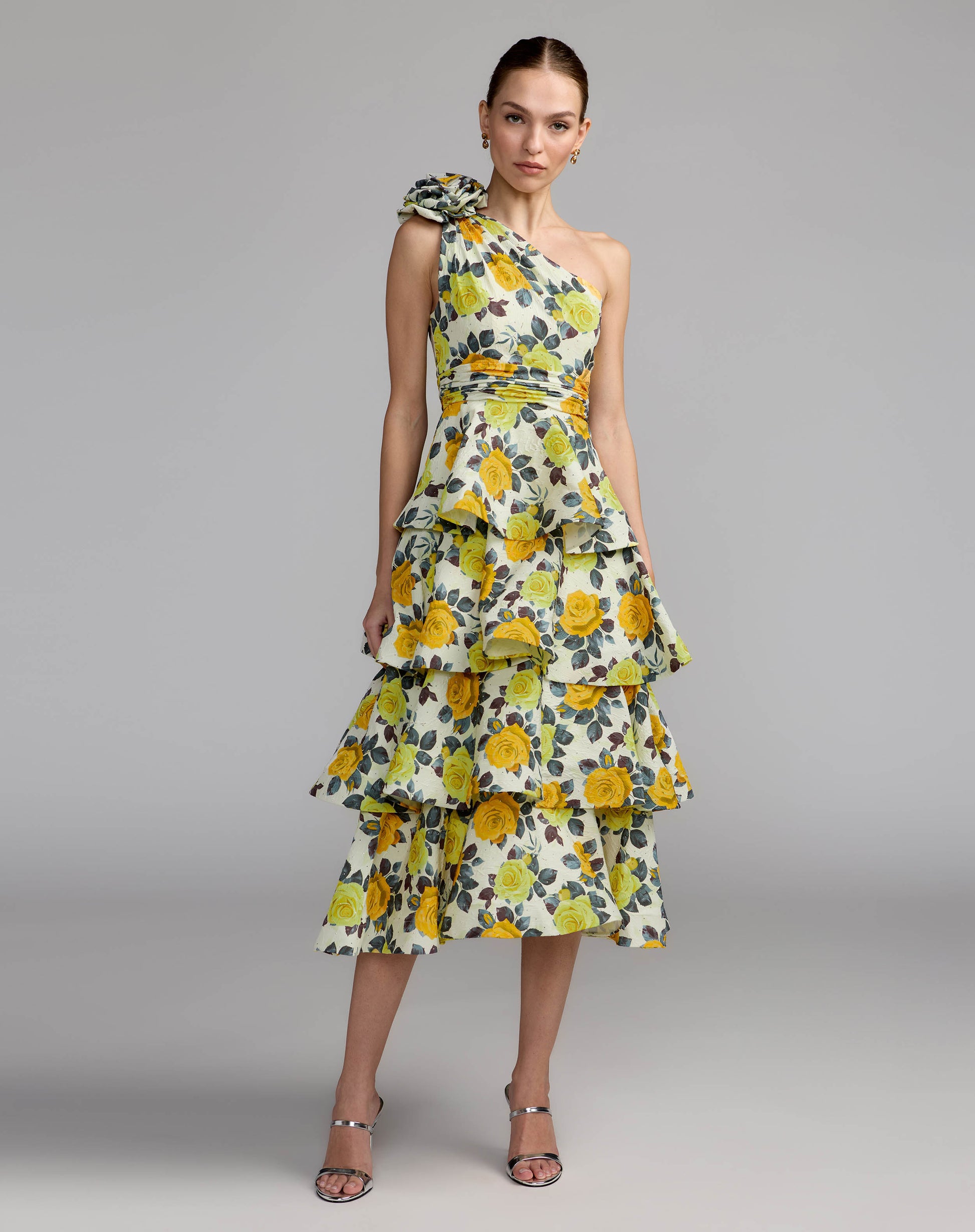 Yellow One-Shoulder Floral Tiered Midi Dress Ieena for Mac Duggal