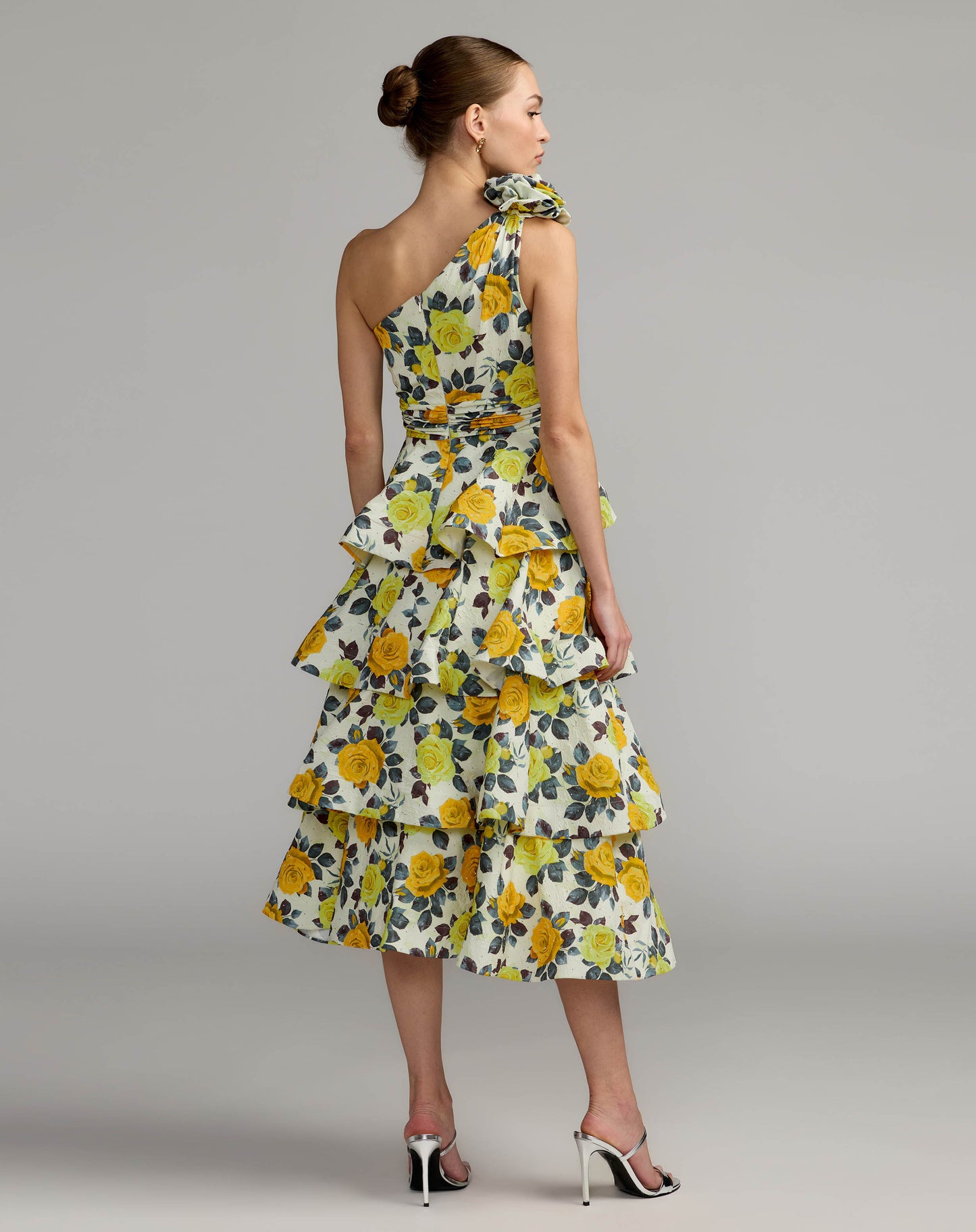 Yellow One-Shoulder Floral Tiered Midi Dress Ieena for Mac Duggal
