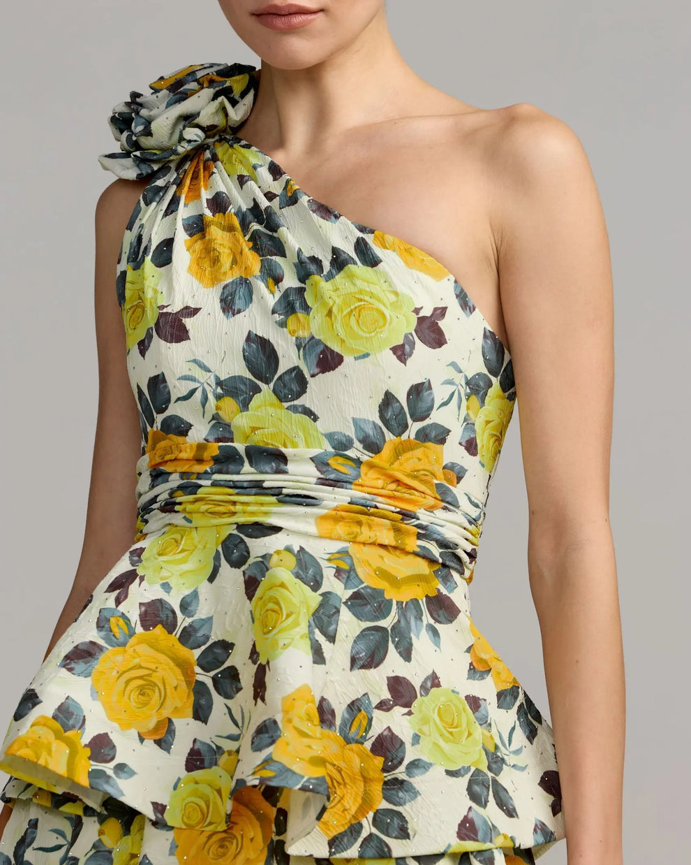 Yellow One Shoulder Floral Tiered Midi Dress | Mac Duggal