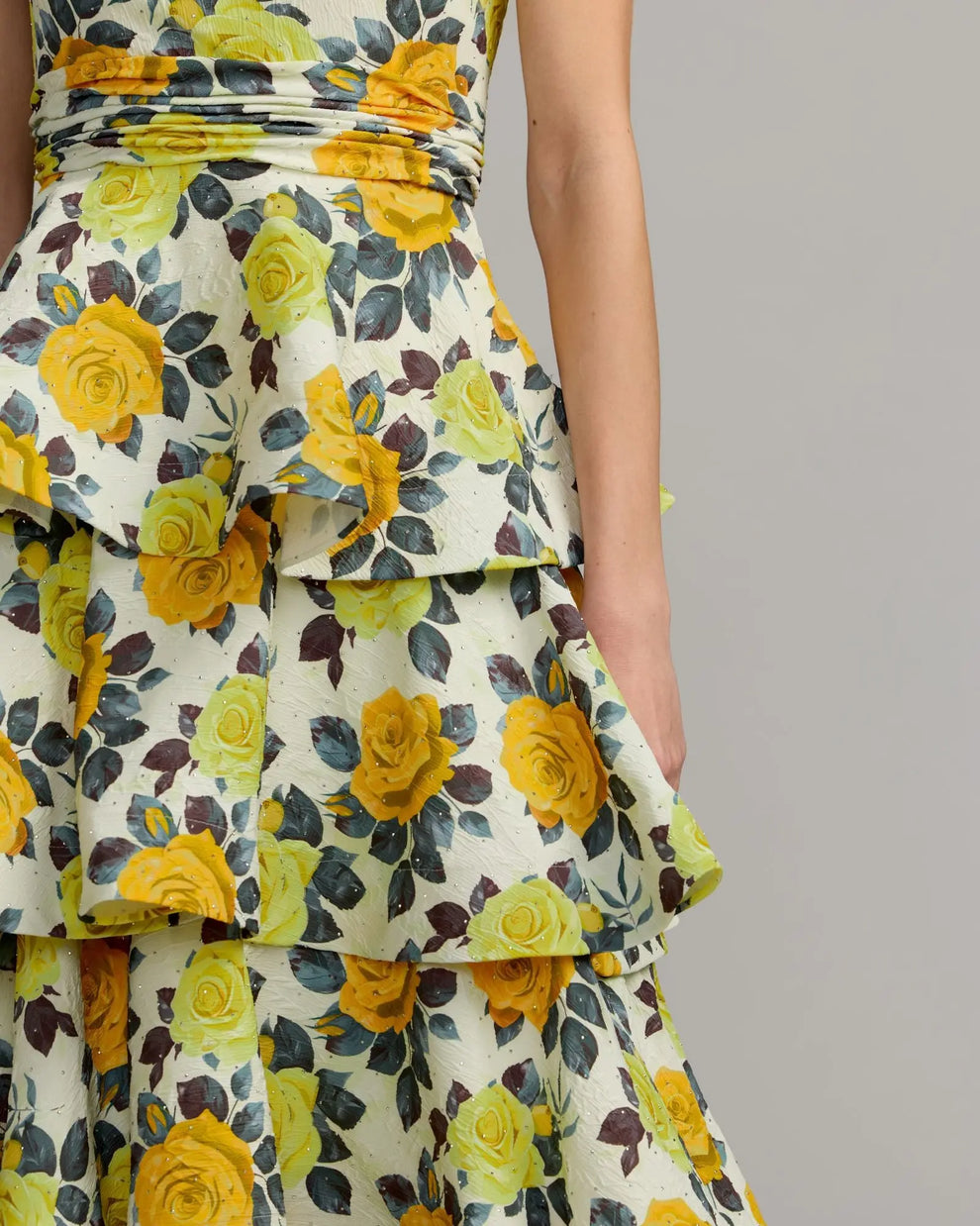 Yellow One Yellow One Shoulder Floral Tiered Midi Dress | Mac Duggal