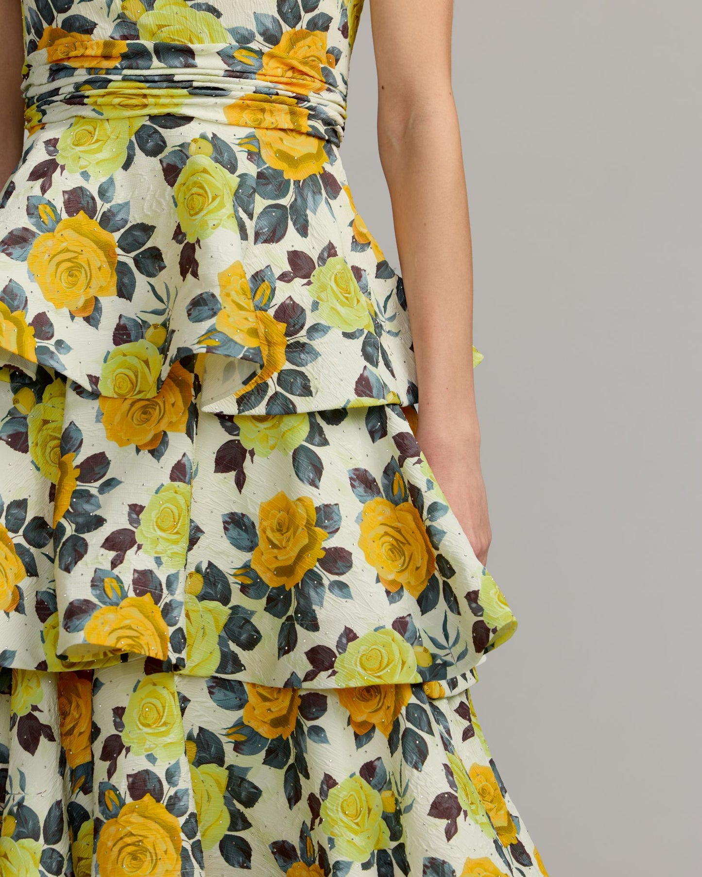Yellow One-Shoulder Floral Tiered Midi Dress Ieena for Mac Duggal