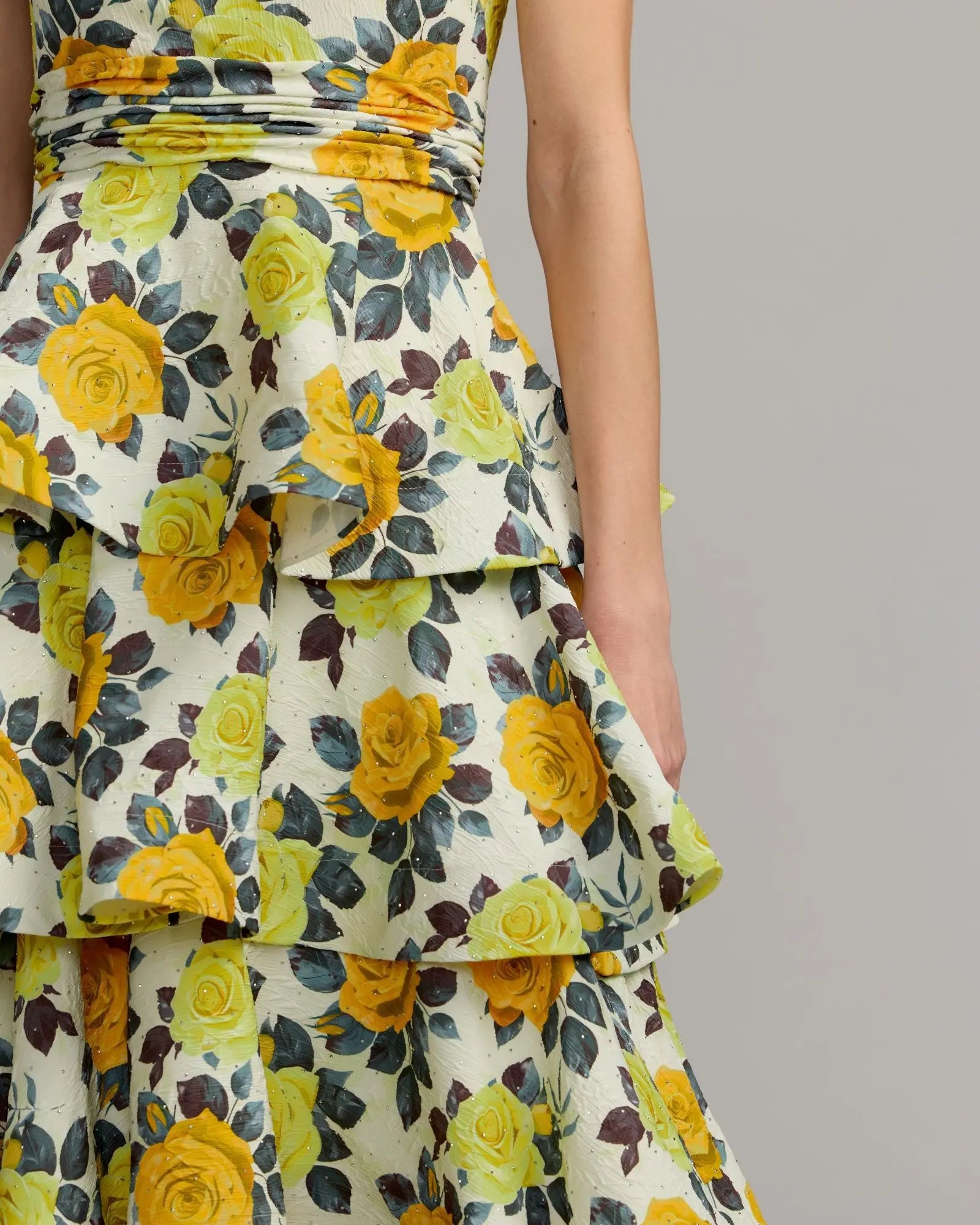 Yellow One-Shoulder Floral Tiered Midi Dress Ieena for Mac Duggal