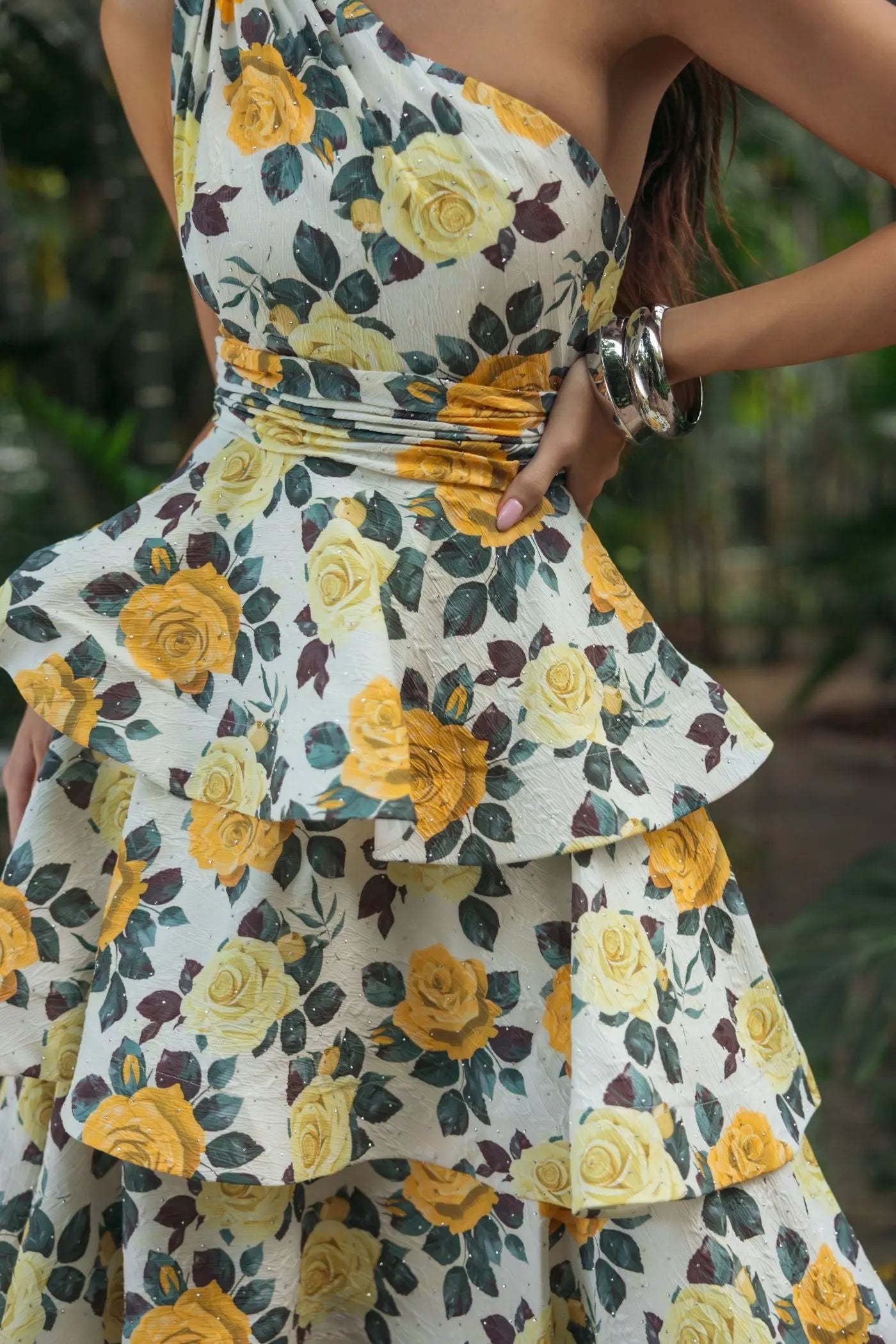 Yellow One Shoulder Floral Tiered Midi Dress