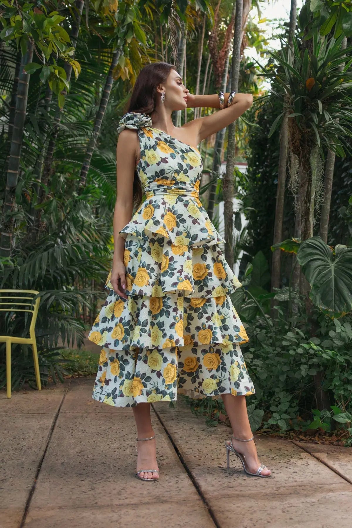 Yellow One-Shoulder Floral Tiered Midi Dress Ieena for Mac Duggal