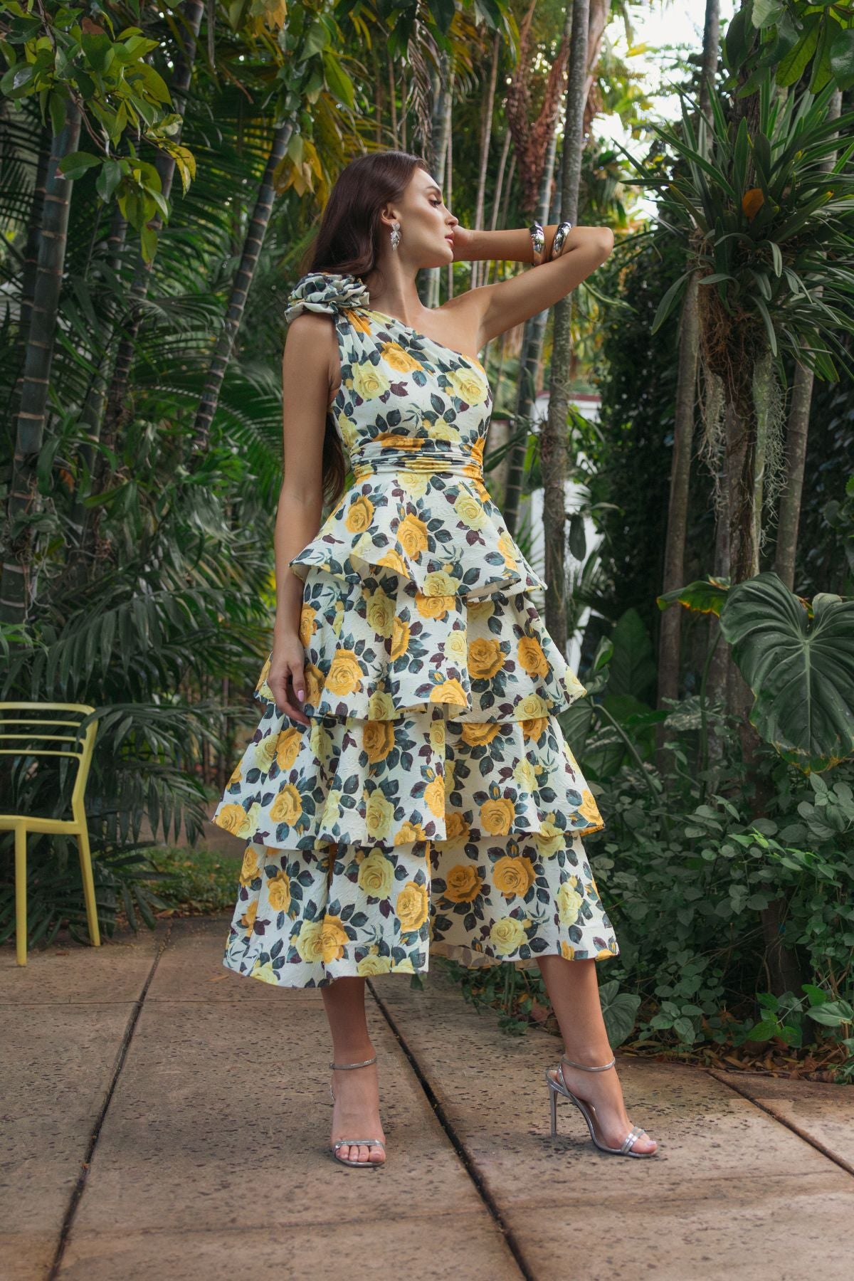 Yellow One-Shoulder Floral Tiered Midi Dress Ieena for Mac Duggal