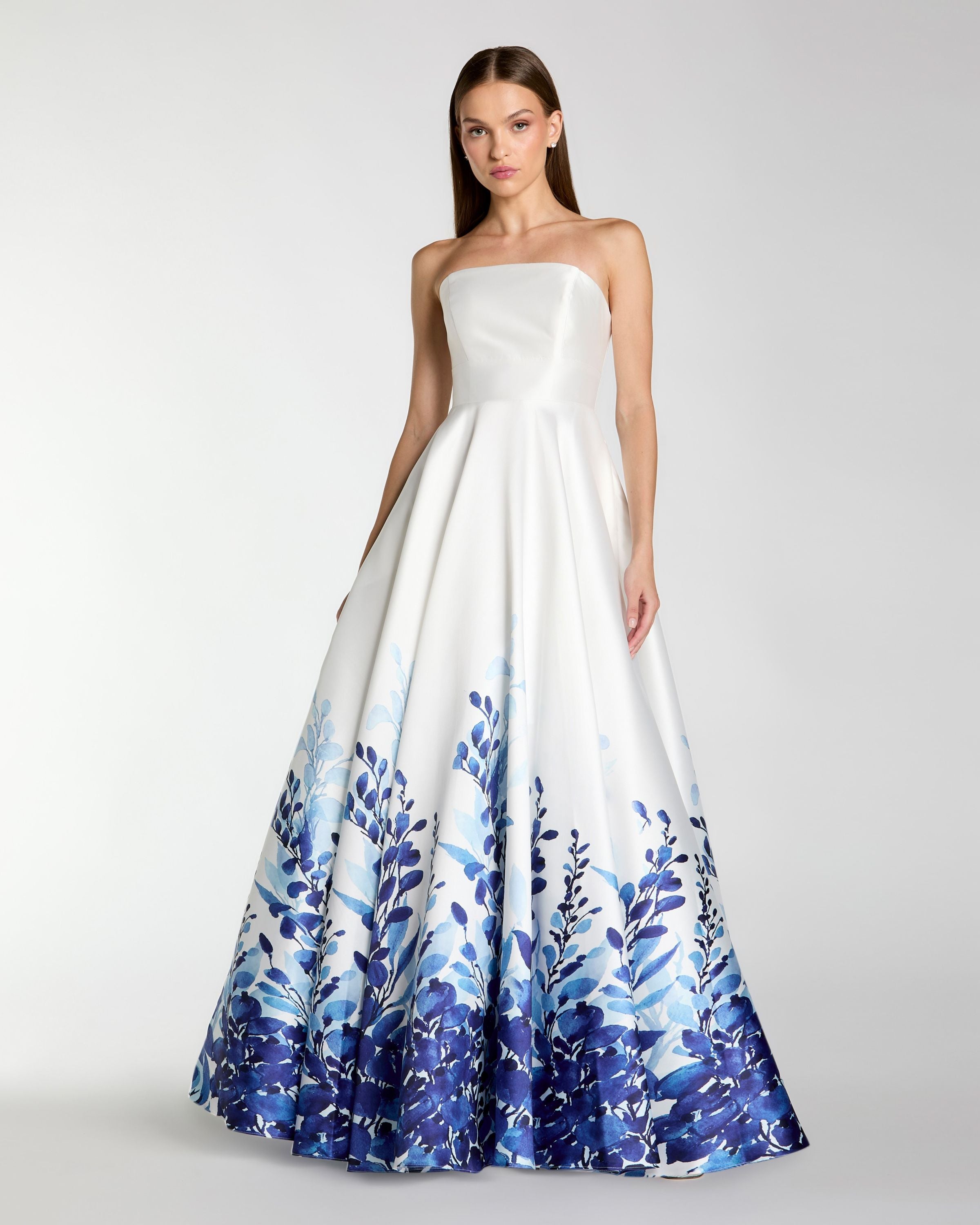 White Strapless Floral Printed Mikado Ball Gown Ieena for Mac Duggal
