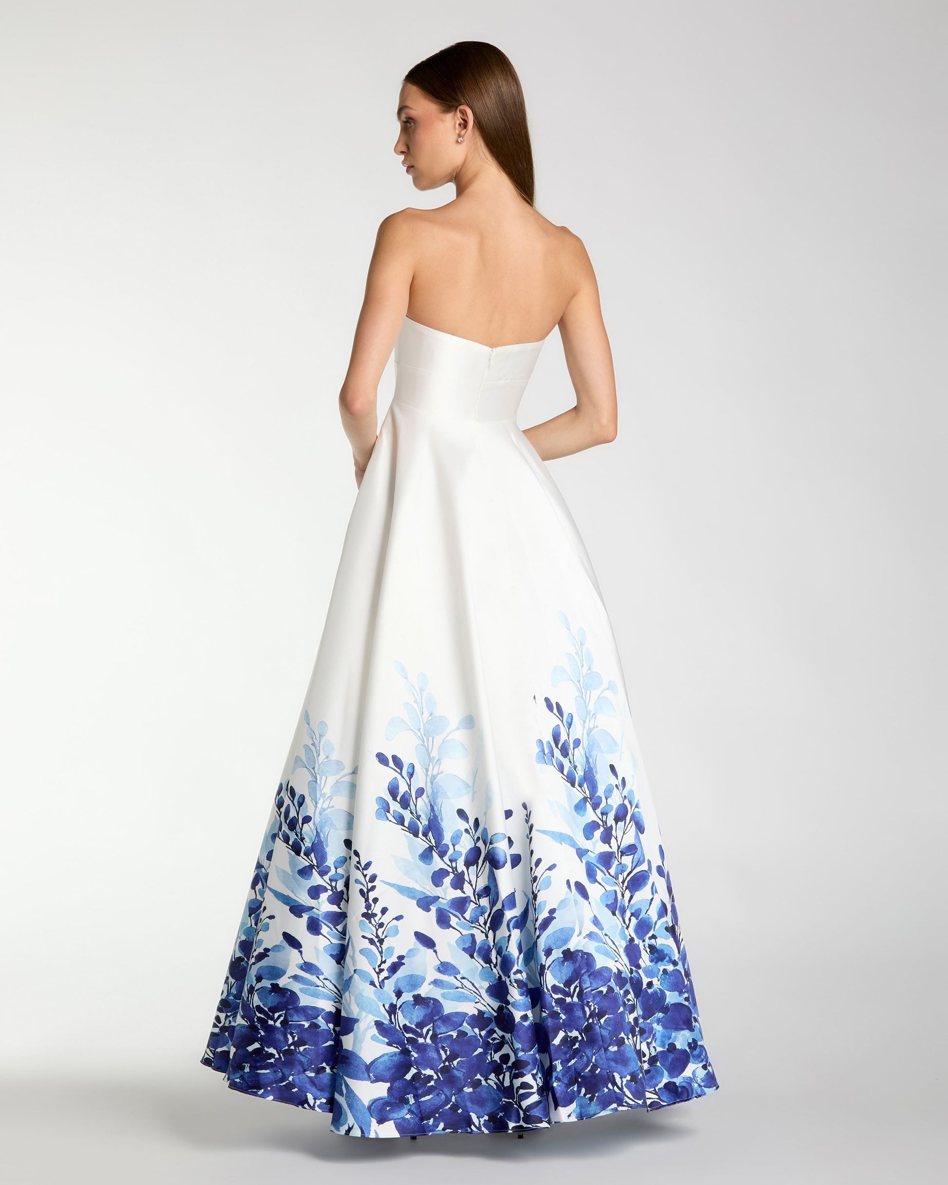 White Strapless Floral Printed Mikado Ball Gown Ieena for Mac Duggal